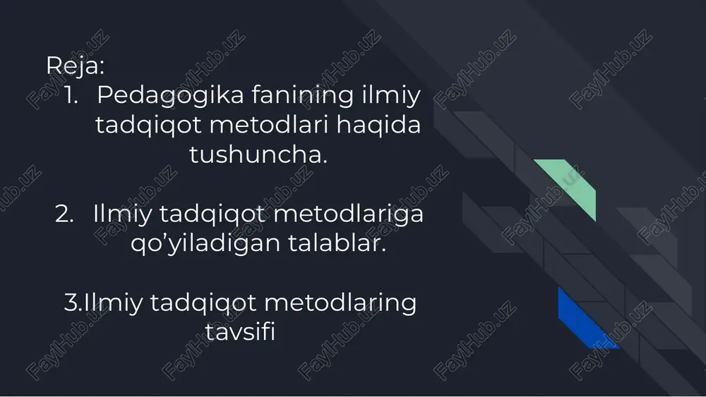 tga egadir, uning metodlari qanchalik mukammal bo‘lsa, shu fan oldida turgan aktual vazifalar shunchalik muvaffaqiyatli hal etiladi. hozirgi pedagogik tadqiqotlarning metodlar tizimini to‘la hal etilgan deb bo‘lmaydi 3.ilmiy tadqiqot metodlaring tavsifi. “pedagogika tajribasini o‘rganishda quyidagi metodlar: kuzatish, eksperiment, suhbat, o‘quvchilar ijodini o‘rganish, tarbiya muassasalarini hujjatlarini o‘rganish turli xilda qo‘shib olib borilishi mumkin”. 1. ilmiy - pedagogik tadqiqotning asosiy metodlari kuzatish, suhbat, tekshirish, eksperiment metodlari singari faoliyat natijalarini o‘rganishdan iborat. 2. hozirgi vaqtda quyidagi metodlar asosida ishlaydi. bular: pedagogik kuzatish, so‘rash, o‘quvchilar faoliyati natijalari va o‘quv -tarbiya muassasalari hujjatlarini o‘rganish, pedagogik eksperiment, modellashtirish, ilg‘or tajribalarni o‘rganish va yoyish, sotsiologik, matematika va statistika materiallarini ishlash kibernetika, anketa, intervyu olish va tasvirga olish singari metodlardan foydalaniladi. biz pedagogikani ilmiy tadqiqot metodlari deganda, yosh avlodni ta’limi, tarbiyasi, rivojlanishi jarayonlariga xos bo‘lgan ichki aloqa va munosabatlarni tekshirish hamda ular to‘g‘risidagi ma’lumotlarni olish yo‘l va usullarni tushunamiz. pedagogikaning ilmiy tadqiqot usullari qanchalik to’g’ri tanlansa ta’lim-tarbiya mazmunini …