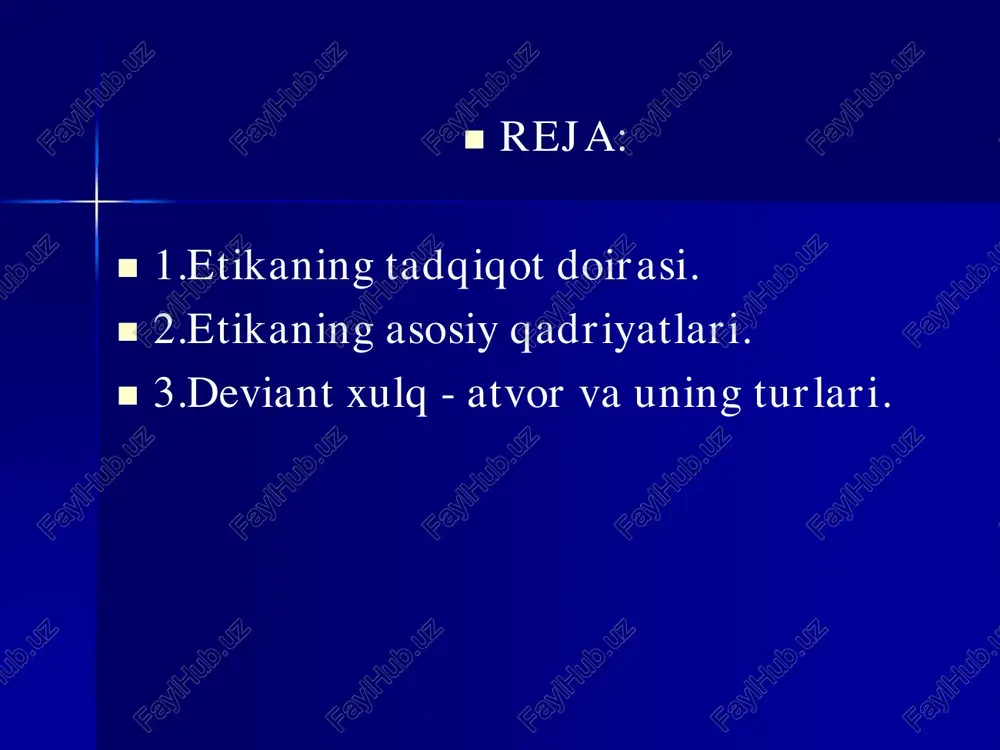 shilik va yomonlikka nisbatan munosabatini namoyon etadigan va tarixan tarkib topgan xulq-atvor, yurish- turish va xatti-xarakatini ifodalaydigan, ularning bir-biriga va jamiyatga bo‘lgan munosabatlarini aks ettiradigan hamda o‘zaro ixtiyoriy tarzda amalga oshadigan norma va qoidalar yig‘indisidir. arastu fanlarni tasnif qilarkan, ularni uch guruhga bo‘ladi: nazariy, amaliy va ijodiy bilimlar. ◼ birinchi guruhga u falsafa, matematika va fizikani; ◼ ikkinchi guruhga- etika va siyosatni; ◼ uchinchi guruhga esa- sanat, xunarmandchilik va amaliy fanlarni kiritadi. demak, arastuning fikricha axloqshunoslik amaliy fandir, chunki ahloqiy qoidalar ko‘rgazmali emas, balki amalda ijtimoiy xayotning xamma qatlamlarda xizmat qilishi kerak. ◼ axloqiy qarashlar tarixi p.a.golbax abu ali ibn sino a.navoiy a.avloniy «axloq odamlararo mavjud bo‘lgan munosabatlar va shu munosabatlardan kelib chiqadigan masʼuliyatlar haqidagi fan axloq har bir kishi uchun o‘z-o‘zini idora qilish ilmidir “vafosizda hayo yo‘q, hayosizda vafo yo‘q, agar kimda bu ikki sifat bo‘lmasa, unda iymon ham yo‘q” insonlarni yaxshilikka chaqiruvchi, yomonlikdan qaytaruvchi bir ilmdir. yaxshi xulqlarning …