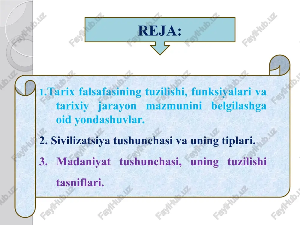 abiat va insonning o‘zaro aloqasi haqida ma’lumotlar yig‘ishdan, ya’ni tarixiy dalillarni ularni nazariy jihatdan anglab yetmasdan va yagona falsafiy-tarixiy tizimga solmasdan tavsiflash va o‘rganishdan iborat bo‘lgan. sharqda tarix falsafasining (a.beruniy, ibn xaldun, a.b.narxashiy, r.hamadoniy) predmeti sifatida jahon tarixi, umumiy tarixiy taraqqiyot qoidalari, yo‘nalish va omillarini belgilovchi kishilik jamiyatining o‘ziga xos davriylik nazariyasi alohida o‘rin tutadi. “odamlar kabi davlat ham o‘zining hayotiy davriga ega” . beruniy tarixni o‘rganish tahlil qilish va so‘ng xulosalar chiqarish zaruligini tavsiya qilar ekan, uni davrlarga bo‘lish, har bir davrning o‘ziga xos jihatlarini aniqlash va ana shu usul orqali ijtimoiy hayotga, kishilik jamiyatiga tegishli va asoslibaho berish mumkin deb hisoblaydi. uyg‘onish davrida va yangi davrda (nikkolo makiavelli, jambattista viko, frensis bekon, tomas gobbs va b.) tarixning maqsadi, yo‘nalishini, shuningdek tarixiy jarayonda insonning, sinflarning rolini aniqlash (ogyusten terri, fransua gizo, ogyust mine) tarix falsafasining predmetiga aylangan. yangi davrda «tarix falsafasi» atamasi ham paydo bo‘lgan, uni ilk bor 1765 …