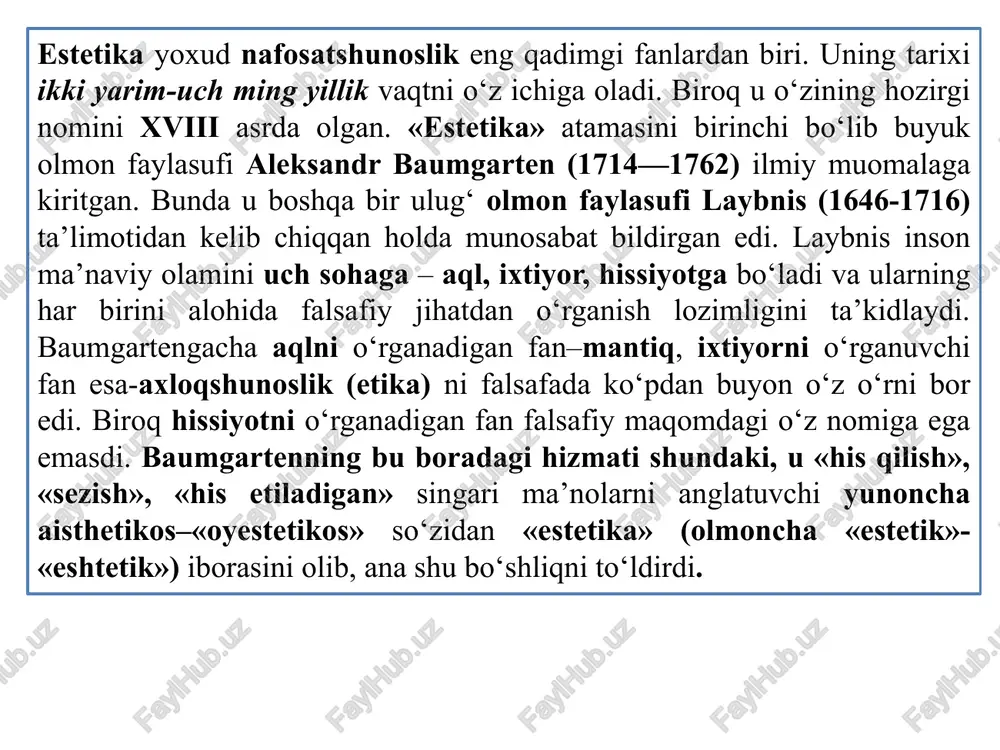 falsafasi». gegelning «estetika» atamasidan ko‘ngli to‘lmaganligiga jiddiy sabablar bor. bulardan biri–yuqorida uning o‘zi aytib o‘tgan fikrlari bo‘lsa, ikkinchisi–mazkur so‘zning barcha his-tuyg‘ularga taalluqliligi. estetika atamasiga asos bo‘lgan «nafis», «nafislik», «nafosat» so‘zlari o‘z qamrovi bilan fanimiz talabiga to‘la javob bera oladi. «nafis» so‘zi «o‘zbek tilining izohli lug‘ati» da-go‘zal, nozik, latif, yoqimli, badiiy jihatdan juda yuksak ma’nolarida izohlanadi. bundan tashqari «estetika» («eshtetik») so‘zi olmonlardagi yoki ruslardagi kabi bizda keng yoyilib, xalqimiz nutqiga singishib ketgan emas. yuqorida aytilganlardan kelib chiqsak, demak, «go‘zallik falsafasi» degan ibora fanimizga ko‘proq mos keladi. negaki, fanimiz faqat san’atdagi go‘zallikni emas, balki insondagi, jamiyat va tabiatdagi go‘zallikni ham o‘rganadi. shuningdek, go‘zallikdan boshqa ulug‘vorlik, fojiaviylik, kulgililik, mo‘jizaviylik, uyg‘unlik, noziklik singari ko‘pdan-ko‘p tushunchalar mavjudki, ularni tadqiq etish ham estetika fanining zimmasida. lekin, bu o‘rinda, shuni unutmaslik kerakki, mazkur tushunchalarning har birida go‘zallik, bir tomondan, unsur sifatida ishtirok etsa, ikkinchi tomondan, ularning o‘zi go‘zallikka nisbatan unsur vazifasini o‘taydi. ana shu xususiyatlarning voqelikda namoyon …