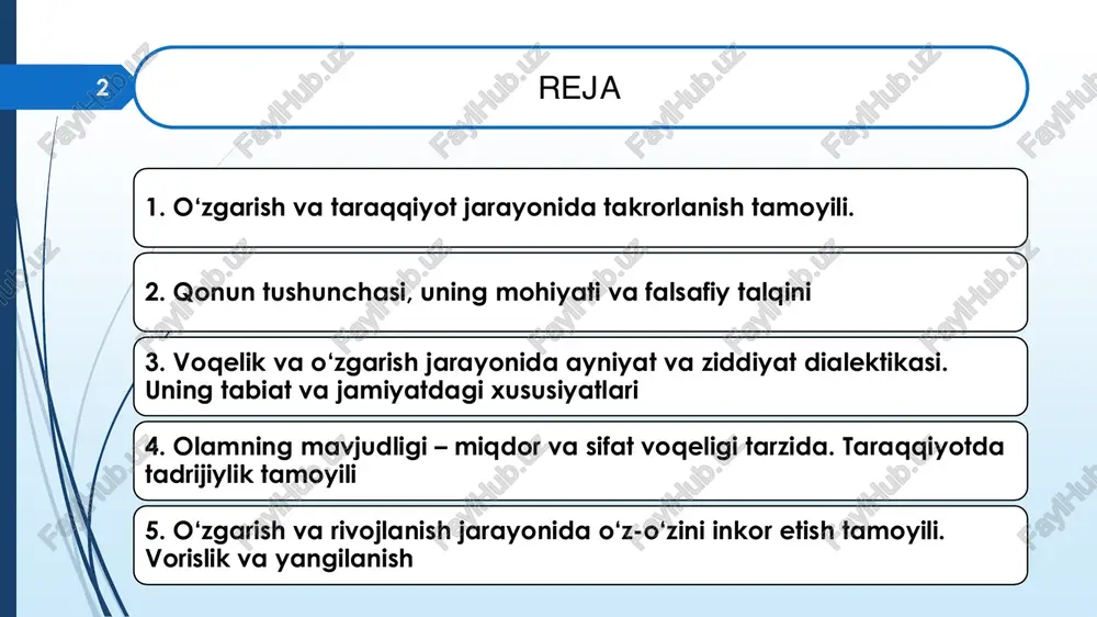 ika odamlar ongiga diniy dunyoqarashni singdirish va mustahkamlash uchun hukmron sinflar faol foydalangan sofistika va sxolastikaga aylangan. metafizika unsurlarini o‘z ichga olgan dialektikaga qaytish yangi davr falsafasi (rene dekart, benedikt spinoza, deni didro va b.) da yuz bergan. shunga qaramay dialektikaning eng yaxlit konsepsiyasini klassik nemis falsafasida georg gegel ta’riflagan. bu konsepsiya dialektikaning ikkinchi shakli deb ataladi. gegel ilk bor dunyoni quyidan oliyga qarab boruvchi umumiy rivojlanish jarayoni sifatida tasvirlagan, rivojlanish manbai - qarama-qarshiliklar kurashini ko‘rsatib bergan, dialektikaning asosiy qonunlari va kategoriyalarini ta’riflagan. ammo gegel dialektikasi idealistik xususiyat kasb etgan. dialektikaning ikkinchi tarixiy shakli idealistik dialektikaning asosini ob’ektiv borliq emas, balki uni aks ettiruvchi tafakkur xizmat qilgan. bog‗lanishlarning ko‗rinishlari zaruriy va tasodifiy ichki va tashqi bevosita va bilvosita muhim va muhim bo‗lmagan 7 olamda boshqa voqea yoki hodisalardan alohida, ular bilan bog‗liq, o‗zaro aloqadorlikda va ta‘sirda bo‗lmagan birorta ham voqea yoki hodisa mavjud emas. demak, o‗zaro bog‗lanish va ta‘sir natijasida …