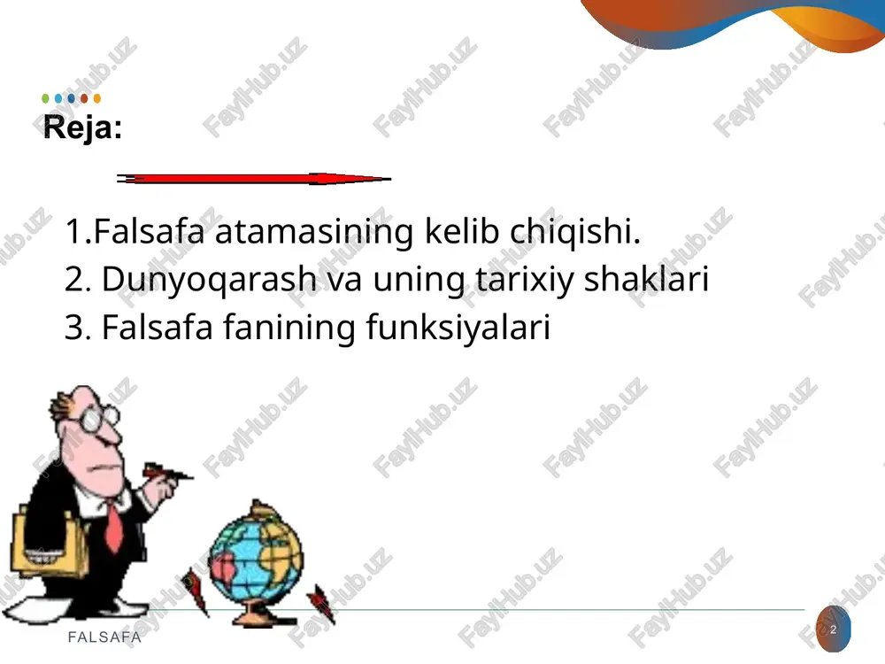 topgan deguvchi ta’limot. falsafaning tarkibiy qismlari 1 ontologiya – borliq va uning rivojlanishi to’g’risidagi ta’limot 2 gnoseologiya – bilish nazariyasi 3 metodologiya – olamni bilish usullari xaqidagi ta’limot 4 antropologiya – inson falsafasi 5 aksiologiya – qadriyatlar falsafasi mifologik dunyoqarash - olamni, olamdagi voqea xodisalarni turli miflar orqali tushunish, tasavvur qilish. bu dunyoqarash insoniyat taraqqiyotining eng quyi bosqichlariga tog’ri keladi. dunyoqarash – insonning olamga faol munosabati bo’lib, u olamni va o’z-ozini anglash jarayonida shakllanadi. dunyoqarash insonning olam haqidagi haqidagi xilma-xil qarashlar majmuyi. diniy dunyoqarash –olamni ilohiy kuchlar ta’siri (ya’ni xudo va mo’jizaga bog’lab tushuntiradi) falsafiy dunyoqarash –olamni fan va aqlga asoslangan xolda tushuntiradi. dunyoqarashning uchta tarixiy tiplari mavjud mifologik diniy ilmiy falsafiy falsafa fani uzoq tarixiy davrni bosib o’tdi. olamni bilish ehtiyoji undan turli fanlar ajralib chiqishiga sabab bo’ldi. tabiatshunoslik va jamiyatshunoslik fanlarining shakllanishiga ilg’or falsafiy g’oyalar qanchalik ijobiy ta’sir ko’rsatgan bo’lsa, o’z navbatida boshqa fanlar, hatto siyosiy va mafkuraviy …