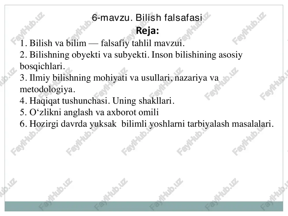optimistlar dunѐni bilish mumkinligini ta'kidlaydilar skeptiklar bilimning haqiqiyligiga shubha qiladilar 13 gnoseologiyaning asosiy muammosi bizning barcha bilimlarimiz tajribada sinalganmi? degan «oddiy» masalani echishdan iborat 14 ratsionalizm empirizm gnoseologiya insonda tug'ma g'oyalar, adolat, insoniylik, uyg'unlik g'oyalari va tajribadan olinishi mumkin bo'lmagan boshqa g'oyalar mavjudligidan kelib chiqadi inson, insoniyat shaxsiy yoki i ijtimoiy tajribaga ega bo'lgunga qadar biron-bir g'oya mavjud bo'linishni inkor etadilar 15 bilish inson qo'lga kiritadigan axborotning eng oliy darajasi izchil va ijodiy faoliyatining ijtimoiy jaraѐni itellektual manbaga tayanishni talab qiladi bilish jaraѐnini til ѐrdamida amalga oshiriladi inson qo'lga kiritadigan axborotning eng oliy darajasi yangi, ilgari noma'lum bo'lgan narsani yaratishga yo'nalgandir 16 bilish – odam ongida haѐt haqiqatining faol maqsadli aks etish jaraѐni. bilish jaraѐnida maishiy haѐtning har xil qirralari ko'rinadi, narsalarning ichki va tashqi mohiyati ochiladi. tashqi olam ko'rinishlari, shuningdek, bilish faoliyati sub'ekti odam odamni, ya'ni o'zini-o'zi tadqiq qiladi. zamonaviy gnoseologiya gnostitsizm tamoyillariga asoslanadi. odamning bilish turlari odam tashqi …