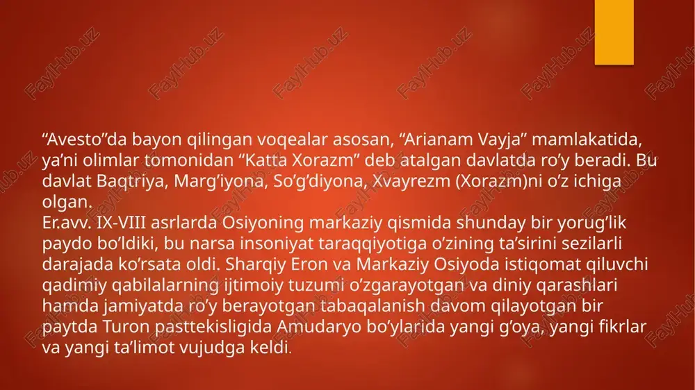ar zardo’sht oilasi shu nom bilan yuritilgan. sipiytmon payg’ambar zardo’shtni to’qqizinchi bobosining nomi bo’lib, pahlaviy tilida “oqlik” ma’nosini anglatadi, ba’zi avestoshunos olimlarning fikricha “sipiytmon” payg’ambarning bolalikdagi ismi, zardo’sht ismi esa payg’ambarlikka erishgandan keyin berilgan deyishadi) u urug’ oriylar urug’i ittifoqiga kirgan. uning otasini nomi purishasp bo’lib, urug’ koxinlardidan bo’lgan. onasi ismi dugova bo’lib, u ham spitama urug’idan bo’lgan faroxomaning qizi bo’lgan. zardo’shtni yoshligidan otasi cho’pon barzin-kurushga shogird qilib beradi. u 15 yoshigacha har hil xudolarga sig’inuvchi oriylar urug’ida keng tarqalgan yashtlarni yodlab oladi. u 23 yoshiga etganida urug’-qabilalar orasidagi kelishmovchiliklarning asosiy sababi ularning har hil xudolarga sig’inishligi ekanligi va xalqning ahvoli og’irligi esa ularning har hil xudolarga ko’plab qurbonliklar qilishligi va hatto qurbonilikka odamlarni ham ishlatilishligi ekanligida deb biladi. shundan keyin u faqat bitta xudoga, ya’ni ahura – mazdaga (ahura – “butun olamlarning egasi”, “kuchli”, mazda – “aql-idrok”, “donishmandlik”) sig’inishni va uning ko’rsatmalari bo’lgan avestoga amal qilishni targ’ib qila boshlaydi. …
