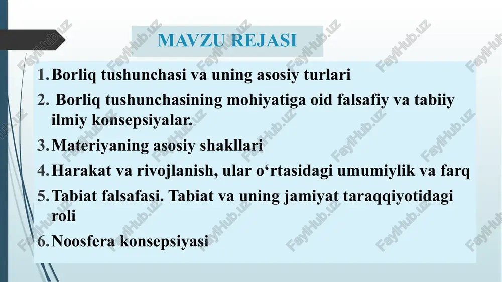 timoiy borliq… ijtimoiy borliq hodisalarning barcha turlarini o‘z ichiga qamrab oladi. jamiyat bir-biri bilan uzviy bog‘liq bo‘lgan iqtisodiy, ijtimoiy, siyosiy, ijtimoiy etnik, oilaviy va h.k. munosabatlardan tarkib topgan, doimo taraqqiy etib, rivojlanib turadigan jonli organizmdir. jamiyat tabiat taraqqiyotining zaruriy oqibatidir. jamiytning moddiy texnika bazasi, iqtisodiy asoslari, siyosiy tashkilotlari: davlat va hokimiyt idoralari, armiya, politsiya, sud, prokuratura, siyosiy partiyalar, turli-tuman jamoat tashkilotlari, maorif sistemasi, madaniyat, fan va texnika, ilmiy tadqiqot institutlari va laboratoriyalari, ommaviy axborot muassasalari, aloqa bo‘limlari va h.k. ijtimoiy borliqning har xil ko‘rinishlarini tashkil etadi. ma’naviy borliq ma’naviy borliq inson tomonidan yaratilgan rang-barang madaniyat va san’at asarlari, til, ilmiy kashfiyotlar, g‘oyalar, axloq-odob qoidalari, falsafiy, estetik, badiiy, siyosiy, tafakkurlash madaniyati, ruhiy kechinmalar, diniy tasavvurlar, tushunchalar va h.k. majmui kiradi. kishilarning ichki holati, kechinmalari, his-tuyg‘ulari, ruhiy ma’naviy dunyosi, o‘y-fikrlari, maqsad va manfaatlari hamda kayfiyatlari ham ma’naviy borliqning ko‘rinishlaridir. materiya tushunchasi materiya (lot. materia — modda) — borliqning moddiy shaklini ifodalovchi umumiy …
