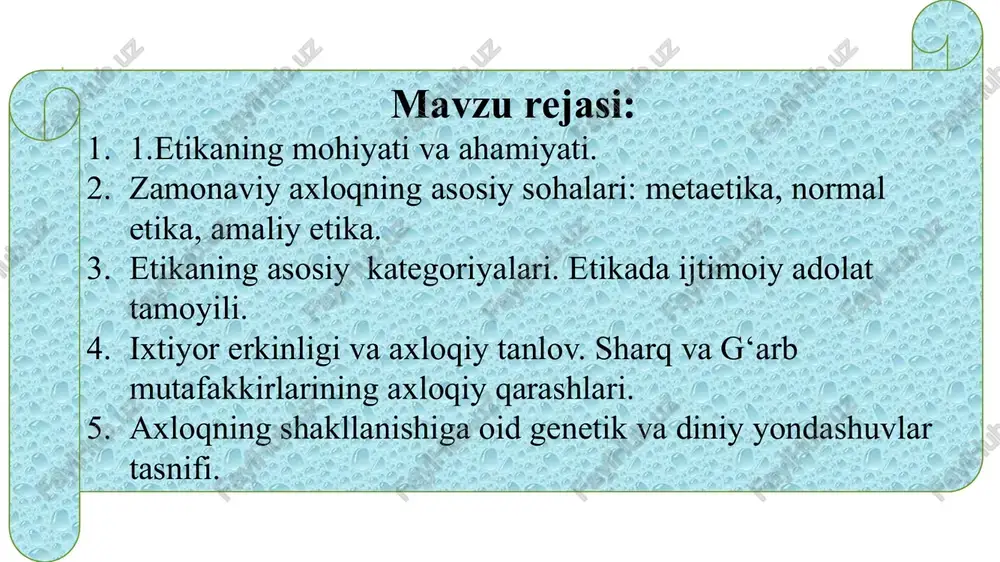 ladigan axloqiy prinsiplari. kasbiy etika – muayyan kasbda ishlovchi insonlarning axloqiy me’yorlari (masalan, shifokorlar, o‘qituvchilar, jurnalistlar, yuristlar uchun). ijtimoiy etika – jamiyatda qabul qilingan axloqiy normalar va qadriyatlar. bioetika – tibbiyot va biologiya sohalarida axloqiy muammolarni o‘rganadi. biznes etikasi – tadbirkorlik va ishbilarmonlikda axloqiy qarorlar va harakatlar. “odob”(arabcha ,,adab” so`zining ko`pligi) xulq-atvori, yurish-turish madaniyatining tashqi va ichki jihatlarini ifodalaydigan tushuncha. u kishilarning xatti-harakatida, o`zaro munosabatida(oila, mehnat jamoasi va turli marosimlarda) namoyon bo`ladi. odob – inson haqida yoqimli taassurot uyg`otadigan, lekin jamoa, jamiyat va insoniyat hayotida burilish yasaydigan darajada muhim ahamiyatga ega bo`lmaydigan, milliy urf-odatlarga asoslangan chiroyli xatti-harakatlarni o`z ichiga oladi. “odob” — bu insonning xulq-atvoridagi yumshoqlik, hurmat, kamtarlik, va o‘zgalar bilan chiroyli muomala qilish madaniyatini bildiradi. bu tushuncha ko‘proq kundalik hayotda insonning tarbiyasi, muomala madaniyati va o‘zini tutishi bilan bog‘liq. 8 «axloq» so‘zi aslida arabcha so‘z bo‘lib, xulq-atvor, yurish-turish, tarbiya degan ma’nolarni anglatadi. jamiyatning axloqiy hayoti deb kishilarning ijtimoiy, siyosiy …