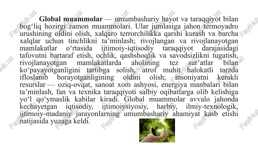 a fazoviy ekologiya muammosi yoki ma’naviy qadriyatlar inqirozi muammosi. insoniyatning global muammolari chambarchas ravishda o‘zaro bog‘liq, bir muammo boshqalarining keskinlashuviga olib kelmoqda. shunday ekan, muayyan muammoni boshqa muammolarga e’tibor qaratmasdan yechish imkoniyati mavjud emas. masalan, rivojlanayotgan mamlakatlardagi demograﬁk va oziq-ovqat muammolari orasida ma’lum aloqadorlik mavjud, chunki aholining yuqori sur’atlar bilan ko‘payishi oziq-ovqat mahsulotlarining yetishmovchiligi va ocharchilikni keskinlashtiradi. energetika va ekologik muammolar ham bevosita bir-biriga aloqador hisoblanadi, chunonchi yangi energiya manbalarini izlash va ishlab chiqarishga joriy etish atrof-muhit sifatiga ham ma’lum darajada ta’sir etadi. maʼlumki, ozon qatlamining asosiy qismi stratosferada, yer yuzidan oʻrtacha 15-50 km. balandlikda joylashgan. qutblarda esa, bu bor-yoʻgʻi 8 km. balandlikda boshlanadi. ahamiyatlisi, 20 kilometrdan 25 kilometrgacha oraliqdagi 5 km.da ozonning eng zich qismi bor. tashqaridan ozon juda katta qatlamni tashkil etsada, aslida uning zichligi kam, agar u yer yuzidagi havo qadar zichlashtirilsa, atigi 3,5 mm.li yupqa plyonka hosil boʻlishi mumkin. maʼlumotlarga qaraganda, oxirgi chorak asr davomida odamlarda …