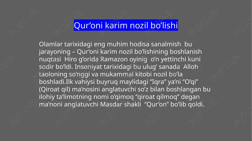 o’qiladigan muqaddas kitob, lekin qulaylik uchun ‘’al’’ni olib tashlab, ‘’qur’on’’ atalib kelinmoqda. u ‘’al-qur’on ul-karim’’ ‘’al-qur’on ul-sharif’’ ‘’kalomulloh’’ ‘’al-kitob’’ ‘’al-mushaf’’ kabi bir qancha nomlar bilan yuritiladi. quron suralari qur’on 114 suraga bo’linadi. suralar hajmi jihatidan tartib bilan joylashtirilgan, bundan fotiha (alhamd) surasi mustasno bo’lib qur’on shu sura bilan boshlanadi. har qaysi suraning o’z nomi bor. bu nomlar yo suraning avalgi so’zidan olingan yoki o’sha surada zikr etilgan biror narsaning nomi bilan atalgan. qur’onning hammasi surasi ‘’bismillohir rahmonir rahiym’’ iborasi bilan boshlanadi, faqat to’qqizinchi tavba surasida bu ibora qo’yilmagan. qur’on suralari hajman turlicha bo’lib, ular oyatlarga bo’lingan. eng uzun sura ikkinchi baqara surasi (286 oyat) eng qisqa sura esa kavsar va asr suralari (3 oyat)dir. qur’onning barcha oyatlari 6204 tadan 6236 tagacha hisoblanadi. fotixa surasi baqara surasi qur’on paydo bo’lishi qur’on 610-633 yillar mobaynida muhammad (s.a.v.)ga allohdan kelgan vahiy sifatida tushirilgan va u kishi tomonidan og’zaki ravishda bayon qilingan hamda hofizlar …