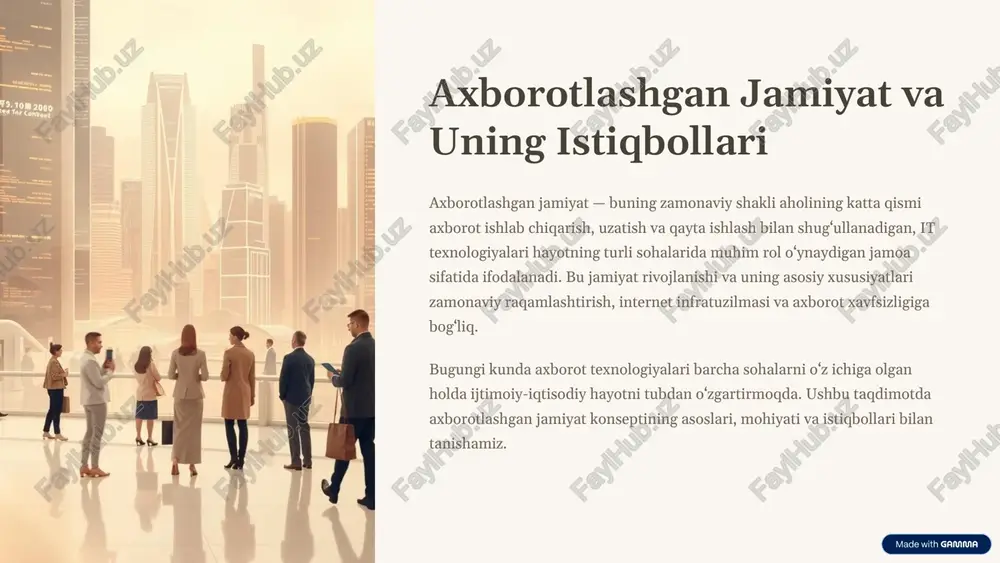 savodxonlik axborotni to‘g‘ri qabul qilish, tahlil qilish va qaror qabul qilish qobiliyatidir. raqamli savodxonlik texnologiyalarni samarali ishlata olish, noxushlar va xavflardan himoyalanishni anglashni o‘z ichiga oladi. jamiyat moslashuvi talabalar va mutaxassislar doimiy o‘rganishga tayyor bo‘lib, raqamli muhitda faol ishtirok etadilar. 5 istiqbolli texnologiyalar: sun’iy intellekt va avtomatlashtirish sun’iy intellekt ko‘plab sohalarda inson mehnatini yengillashtiradi yoki to‘liq almashtiradi, qarorlarni yaxshilaydi. avtomatlashtirish ishlab chiqarish, xizmat ko‘rsatish va boshqaruv jarayonlarining tezligi va samaradorligini oshiradi. yangi imkoniyatlar mehnat bozorida yangi kasblar va ixtisosliklar paydo bo‘lmoqda. 6 "smart" jamiyatlar: aqlli shaharlar va raqamli ilovalar aqlli shahar transport, energiya va xavfsizlikni optimallashtiruvchi tizimlar. aqlli sog‘liqni saqlash masofaviy monitoring va sun’iy intellektga asoslangan diagnostika. aqlli ta’lim personalizatsiyalangan o‘quv platformalari va interaktiv darslar. aqlli boshqaruv davlat xizmatlarining samaradorligini oshirish uchun avtomatlashtirilgan tizimlar. 7 global integratsiya: chegarasiz axborot almashinuvi 1 internetning rivojlanishi chegaralarni yo‘qotish, axborotga erkin kirish imkoniyati. 2 axborot almashish mahalliydan globalgacha tezkor va samarali ma’lumot uzatish. 3 …