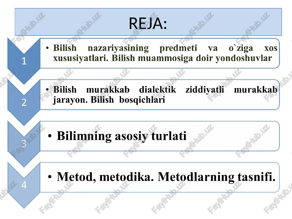 asosiy xususiyati – predmet va hodisalarning tashqi xususiyatlarini emas, balki ongda bo`layotgan jarayonlarni predmet va hodisalar olami bilan birgalikda o`rganishdadir. falsafa tarixida bilish masalalari demokrit gnoseologiyasi demokrit bilish nazariyasidan bilishni ikkiga: haqiqiy va nohaqiqyga bo`ladi. haqiqiy bilish- bevosita sezgi a`zolar orqali bevosita olingan bilimlar; nohaqiqiy bilish- rang, maza, hid, issiq, sovuq kabilar platon gnoseologiyasi modomiki moddiy olam “g`oya”lar olamining in`ikosi bo`lar ekan, unda bilish predmeti eng avvalo sof g`oya bo`lishi kerak; «sof g`oya»ni faqat aql yordamida olish, ma`naviy faoliyat natijasida bilish mumkin; oliy ma`naviy faoliyat bilan faqat ma`lumotli intellektuallar, faylasuflar shug`ullanishi mumkin, demak faqat ulargina “sof g`oya”ni ko`rishi va naglashi mumkin. “sof g`oya”ni hissiy qabullash orqali bilish mumkin emas (bu turdagi bilish bizga xaqiqiy bilimni emas, balki faqat fikrni berishi mumkin); arastu - (eramizdan oldingi 384-322) buyuk yunon faylasufi. moddiy olamni bilish sezgidan boshlanadi; tabiat bilish va his qilish manbai; arastu olamni bilishda empirik fikrda bo`lgan. ratsionalizmga katta ahamiyat bergan. …