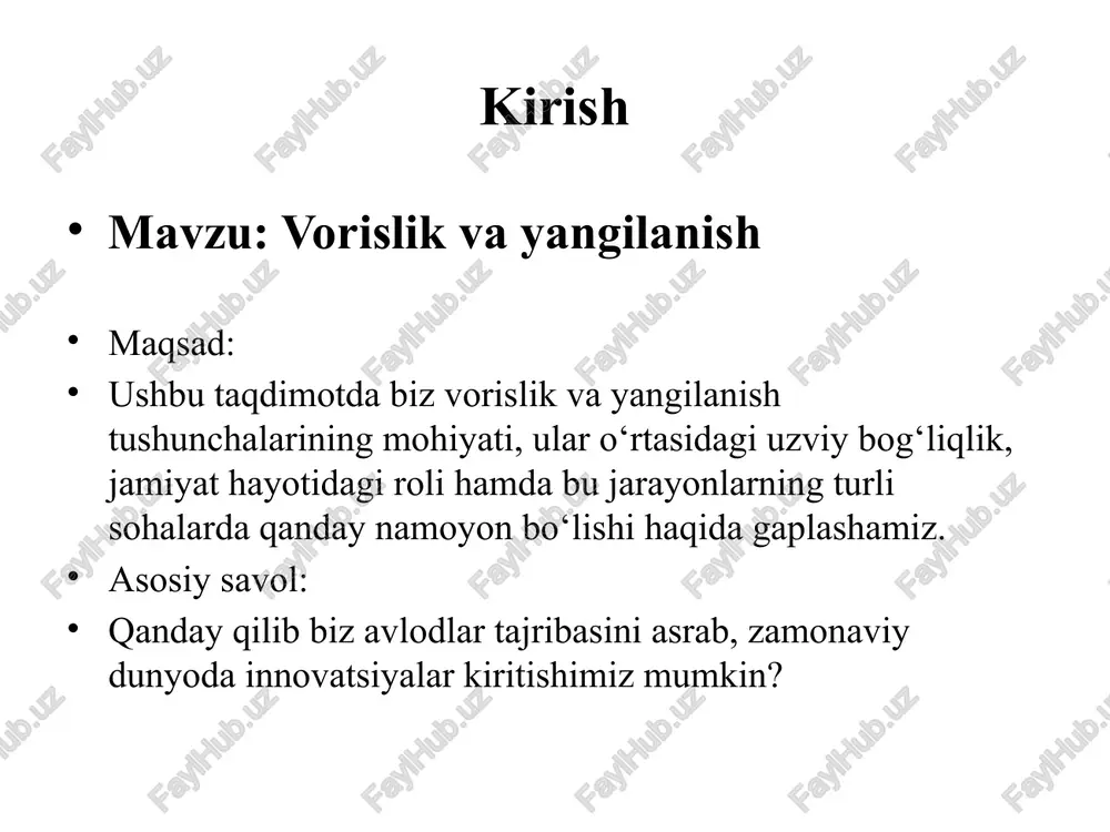 jodi — dostonlar, maqollar va rivoyatlar avloddan avlodga o‘tib kelmoqda. - xalq kuy va qo‘shiqlari, raqs san’ati – madaniy vorislik namunalaridir. 3. din: - islom dini va uning qadriyatlari asrlar davomida saqlanib, yangicha talqinlarda davom etmoqda. yangilanish misollari 1. texnologiya: - kompyuterlar va smartfonlar orqali axborot almashinuvi tezlashdi. - ilgari kutubxonalar orqali olgan bilimlar, hozirda bir tugma orqali olinmoqda. 2. ta’lim: - an’anaviy ta’lim uslublariga qo‘shimcha ravishda, onlayn kurslar, vebinarlar, interaktiv darslar paydo bo‘ldi. 3. ijtimoiy hayot: - gender tengligi, inson huquqlari, ekologik fikrlash — zamonaviy jamiyatda yangi qadriyatlar paydo bo‘lmoqda. oila va tarbiyada vorislik oila — vorislikning eng asosiy manbai. urf-odatlar, axloqiy me’yorlar, til, milliy qadriyatlar — bularning barchasi oilada shakllanadi. misollar: - milliy bayramlarni nishonlash - farzandlarga ota-onalar mehnatsevarligini o‘rgatish - hurmat, mehr-oqibat, sabr-toqat kabi qadriyatlarni singdirish jamiyatda yangilanish zarurati - har bir avlod o‘z muammolariga yechim topishi kerak. - ilgarigi yondashuvlar har doim ham hozirgi muammolarga to‘g‘ri …