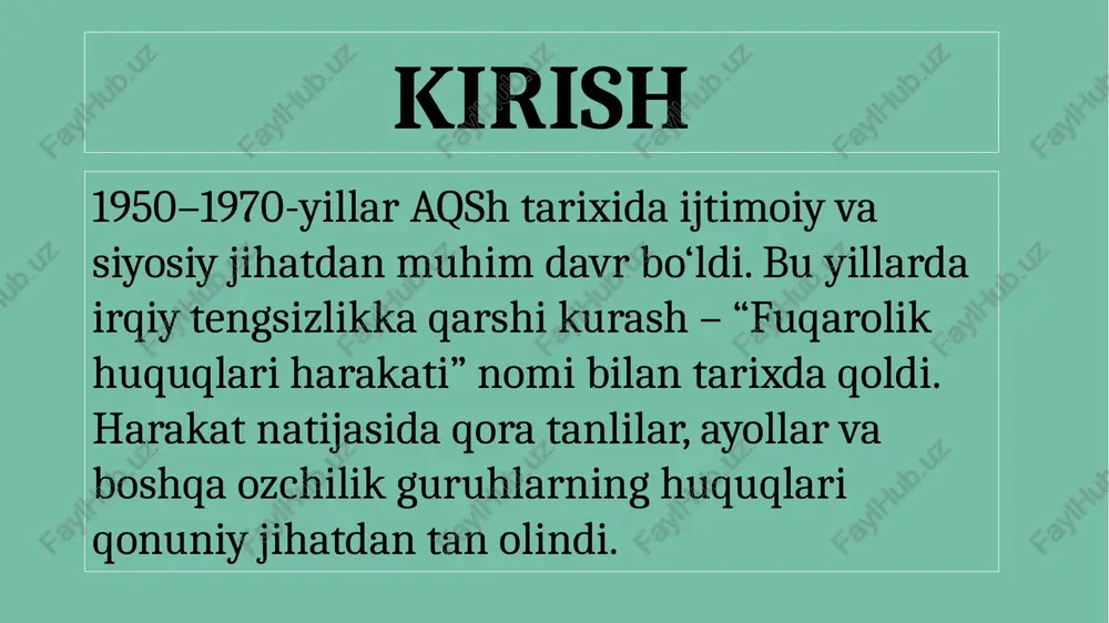 hi 28-avgust 1963-yilda vashingtonda 250 mingdan ortiq odam “ish va erkinlik uchun” yurishda ishtirok etdi. bu miting aqsh tarixidagi eng yirik tinch namoyishlardan biri bo‘ldi. natijada hukumat fuqarolik qonunlarini isloh qilishga majbur bo‘ldi. 8 1964-yilgi fuqarolik huquqlari to‘g‘risidagi qonunni prezident lindon b. jonson tomonidan imzolangan bu qonun irqiy, jinsiy, diniy yoki milliy kamsitishni taqiqladi. bu hujjat aqshdagi fuqarolik tengligi yo‘lidagi eng muhim huquqiy yutuqlardan biri bo‘ldi. 9 qora tanlilarning saylovlarda ishtirok etishiga to‘sqinlik qiluvchi cheklovlar olib tashlandi. bu qonun fuqarolik jamiyatini mustahkamlab, demokratik tizimni yanada barqaror qildi. 10 950–60-yillarda yuzlab shaharlarda namoyishlar o‘tkazildi. birmingham, selma, little rock kabi joylarda jinoyat va zo‘ravonlik holatlariga qaramay, tinch yo‘l tanlandi. bu harakatlar jahon jamoatchiligi e’tiborini tortdi. 11 fuqarolik huquqlari harakatida ayollar va talabalar muhim rol o‘ynadi. sncc (student nonviolent coordinating committee) va naacp tashkilotlari faol bo‘ldi.ular axborot, yurishlar, boykotlar va nutqlar orqali harakatni kengaytirdilar. 12 “qora kuch” harakati 1960-yillarning oxirida radikal yo‘nalish paydo …