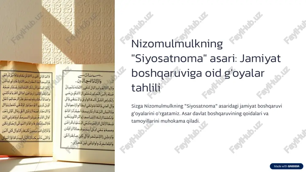 onuniy holatlarga tez javob berish kerak. 3 kommunikatsiya monarx va amaldorlar xalqqa yaqin bo‘lishi lozim. 8 "siyosatnoma"ning bugungi kunda ahamiyati va xulosalar adolat tamoyili har doim muhim boshqaruv asosidir. shaffof boshqaruv xalq ishonchini oshiradi. yaxshi boshqaruv real hayotga qo‘llanishi kerak. eski g‘oyalar bugungi demokratik boshqaruvga o‘xshash. 9 image2.png image1.png image3.png image4.png image5.png image6.png image7.png image8.png image9.png image10.png image11.png image12.png image13.png image14.png image15.png