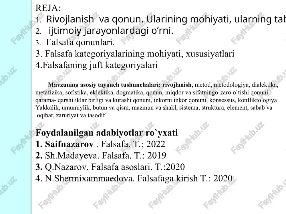 ladi. bu yoʻl jamiyat aʼzolarining manfaatlariga zid kelmaydigan, muayyan vaqtni talab qiladigan va pirovardida samarali boʻladigan yoʻldir. rivojlanishning progressiv, taraqqiyot turi (qarang taraqqiyot) bilan regressiv, tanazzul turi (qarang inqiroz) farqlanadi. * * * * * * qarama-qarshilik deb narsa, voqea-hodisalarning bir- birini taqozo etuvchi va shu bilan birga bir-birini inkor etuvchi tomonlari, kuchlarining o‘zaro munosabatiga aytiladi. * * * * * * * * * * * *