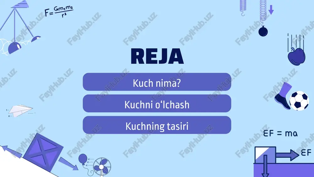 inga ketadi, qayiq orqaga ketadi devorga kuch bilan itsak, devor bizga teskari kuch bilan ta’sir qiladi raketa uchganda gazlar pastga itariladi, raketa yuqoriga ko‘tariladi tushuntiruvchi misol: velosipedni pedal bilan itarganda — siz g‘ildirakka kuch berasiz. g‘ildirak esa yo‘lga kuch beradi va aks ta’sir natijasida siz oldinga harakat qilasiz. kuch ko‘pincha vektor sifatida tasvirlanadi. vektorda 3 ta asosiy ma’lumot bo‘ladi: 1️⃣ yo‘nalish – kuch qaysi tomonga ta’sir qilayotganini ko‘rsatadi 2️⃣ modul (kattalik) – kuch qanchalik katta ekanini bildiradi (strelkaning uzunligida) 3️⃣ qo‘yilish nuqtasi – kuch qaysi nuqtaga ta’sir qilayotgani e’tibor uchun rahmat image9.png image10.svg image11.png image12.svg image13.png image14.svg image15.png image16.svg image17.png image18.svg image1.png image2.svg image3.png image4.svg image5.png image6.svg image7.png image8.svg image19.png image20.svg image21.png image22.png /docprops/thumbnail.jpeg