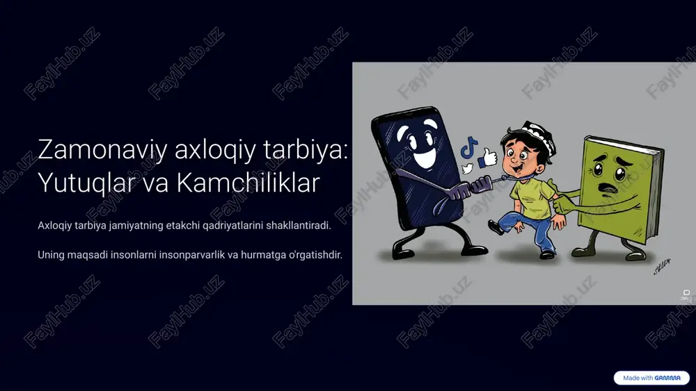 haytirish trening va seminarlar ota-onalar va o'qituvchilar uchun. loyihalarni qo'llab-quvvatlash oila qadriyatlarini mustahkamlash. faol ota-onalar kengashi tarbiya jarayoniga ishtirok. 10 xulosa: istiqbolli yo'nalishlar yutuqlar va kamchiliklar zamonaviy axloqiy tarbiyaning qisqacha tahlili. kelajak vazifalari innovatsiyalar va texnologiyalarni joriy etish. jamiyat chaqirig'i har bir insonning axloqiy tarbiyada ishtiroki. 11 image3.png image2.png image4.png image1.png image5.jpg image6.png image7.png image8.png image9.png image10.png image11.png image12.png image13.png image14.png image15.png image16.png image17.png image18.png image19.png image20.png image21.png image22.jpg