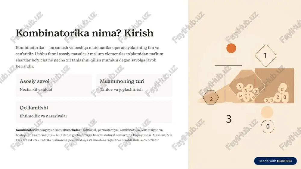 k) = n!/(n-k)! formula bo'yicha hisoblanadi. masalan, 5 ta elementdan 3 tasini tanlab olish: p(5,3) = 5!/(5-3)! = 120/2 = 60 ta turli usulda qilish mumkin. https://gamma.app/?utm_source=made-with-gamma kombinatsiyalar: tartibsiz tanlovlar kombinatsiya 4 bu berilgan elementlar to'plamidan tartibga e'tibor bermasdan ma'lum sonli elementlar tanlab olishlaridir. permutatsiyadan farqli ravishda, kombinatsiyalarda tartib muhim emas. permutatsiya vs kombinatsiya permutatsiya: {a,b} va {b,a} turli kombinatsiya: {a,b} va {b,a} bir xil kombinatsiyalarda tartib muhim emas. agar a, b, c elementlaridan 2 tasini tanlab olsak, kombinatsiyalari: ab, ac, bc 4 jami 3 ta (ba, ca, cb ularning takrorlanmasi hisoblanadi). qo'llanilishi xaridorni tanlash, sportchilarni guruhga ajratish, lotereyada raqamlarni tanlab olish kabi ishlarda kombinatsiyalardan foydalaniladi. https://gamma.app/?utm_source=made-with-gamma kombinatsiyalar formulasi va misollari kombinatsiyalar formulasi: n ta elementdan k ta elementning kombinatsiyalari soni quyidagicha hisoblanadi: c(n,k) = n! / (k!(n-k)!) hisoblash usuli faktorialni formulaga qo'yib hisoblaymiz misol 1 c(5,2) = 5!/(2!3!) = 120/(2×6) = 10 misol 2 6 ta o'quvchidan 3 tasini …