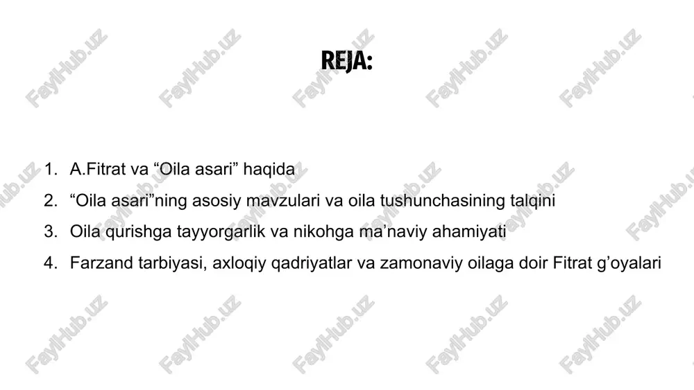 riladi. har bir qadamda shar’iy qoidalar va odoblar e’tiborga olinadi. 03 farzand tarbiyasiga doir g‘oyalar ham asarda muhim o‘rin tutadi. yaxshi tarbiya oilaning mustahkamligi va kelajak avlodning barkamolligi uchun zarurdir. 02 4. oila qurishga tayyorgarlik fitratning 'oila' asarida oila qurishga tayyorgarlik masalasiga alohida e’tibor qaratilgan. u, avvalo, ma’naviy va axloqiy yetuklikni ta’kidlaydi. oila qurishdan oldin shaxsiy fazilatlar, bilim va yaxshi xulq-atvor egallash zarurati haqida gapiradi, chunki mustahkam oila uchun bu muhimdir. fitrat, shuningdek, turmush qurishdan oldin oilaviy hayotning mas’uliyat va burchlarini tushunish, tayyorlik bilan kirish zarurligini chuqur asoslab beradi. a.fitratning “oila” asarida nikohning ma'naviy ahamiyati haqida chuqur fikr yuritiladi. u nikohni jamiyatning asosi sifatida ko‘rsatadi. 5. nikohning ma'naviy ahamiyati asarda nikoh nafaqat ikki shaxsaroq muomala, balki xalqning ma'naviy yuksalishi uchun muhim qadriyat sifatida talqin qilinadi va targ‘ib etiladi. fitrat nikohni halol hayot boshlanishi, farzand tarbiyasining sog‘lom poydevori deb biladi hamda axloqiy qadriyatlar asosida qurilishini ta'kidlaydi. 01 02 03 04 abdulla …