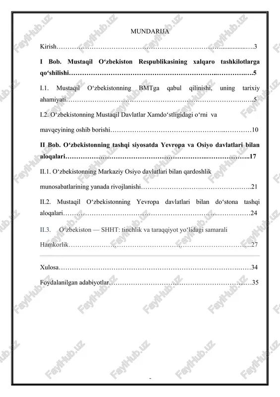 ezgu niyatlari ushalmoqda. mustaqil o`zbekistondagi barcha tub o`zgarishlar o`zbekiston respublikasining birinchi prezidenti islom abdug`aniyevich karimov yuritgan faol tashqi siyosat bilan ham kata ulushda bog`liqdir. “o`zbekiston respublikasining qonuniy yo`l bilan saylangan birinchi prezidenti i.a.karimov xizmatlari natijasida vatanimiz tarixini o`rganishda, vatan tarixshunosligi sohasida bir qator ishlar amalga oshirildi. o‘zbekistonning tashqi aloqalari yo`nalishini teran o`rganish hozirgi paytda kun tartibidagi dolzarb masala hisoblanadi. birinchi prezidentimiz i.a.karimovning chop etilgan har bir asarlarida vatanimiz tarixini o`rganishning naqadar muhimligi bilan bir qatorda, u inson asos solgan do‘stona tashqi siyosat asoslari aniq dalillar bilan yoritilgan. shu sababli marhum yurtboshimiz i.karimovning merosi, uni abadiylashtirish masalasi yana bir dolzarb vazifalardan biri hisoblanadi. bundan tashqari huquqiy demokratik davlat va fuqarolik jamiyatini o`rnatishda, faol diplomatik aoqalarni yo‘lga qo‘yishda i.a.karimovning rahbarlik faoliyatidagi o`rni juda beqiyosdir. i.a.karimovning “o`zbekiston kelajagi buyuk davlat[footnoteref:1], “yuksak ma’naviyat – yengilmas kuch”[footnoteref:2], “buyuk maqsad yo`lidan og`ishmaylik”[footnoteref:3], “o`zbekiston xxi asr bo`sag`asida: xavfsizlikka tahdid, barqarorlik shartlari va taraqqiyot kafolatlari”[footnoteref:4] kabi va yana …