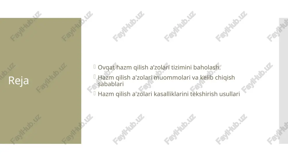 onni filtrlab beradi. hazm qilish a'zolari muommolari va kelib chiqish sabablari ovqat hazm qilish a'zolari kasalliklari bilan og'rigan bemorlarning asosiy shikoyatlari: qorin sohasida og'riqlar, ishtahaning buzilishi, kekirish, zarda qaynashi (jig'ildon qaynashi), ko'ngil aynishi, qusish,qorin dam bo'lishi, ichaklar faoliyatining buzilishi. og'riqning intensivligi, joylashishi va uning ovqat qabul qilishi bi-lan bog'liqligi bo'yicha farq qilish lozim. intensiv bo'lmagan, biroq doimiy og'riq surunkali gastrit uchun xos bo'ladi. me'da va o'n ikki barmoq ichakning yara kasalligida og'riq kuchliroq, u ovqat yeyish bilan bevosita bog'liq. o't-tosh kasalligida og'riq juda qattiq bo'ladi. gastrit va yara kasalligida og'riq to'sh ostida, jigar va o't qopchasi kasalligida o'ng qovurg'a ostida, ichak kasalligida butun qorin bo'ylab,biroq ko’proq uning pastki qismida joylashadi. ishtaha buzilishi ko'p jihatdan me'da sekretsiyasi va kislotaliligi darajasiga bog'liq. sekretsiya oshganda ishtaha hatto ochilib ketadi(kislotalilik oshgan gastrit, aksariyat me'da suyuqligi sekretsiyasi oshishi va kislotalilik oshishi bilan o'tadigan me'da va o'n ikki barmoq ichakningyara kasalligi). sekretsiya pasayganda ishtaha pasaygan bo'ladi …