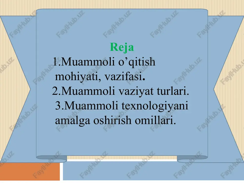 tasnifini keltirish guruhlarga bo’lish guruhlarning muammoli vaziyatning kelib chiqish sabablarini aniqlashi guruhlarning muamvaziyatning oqibotlari to’g’risida fikir yuritishi to’g’ri yechimlarni tanlash “muamoli vaziyat” metodining tuzilmasi “muammoli vaziyat” metodining bosqichlari quyidagilardan iborat: ta’lim beruvchi mavzu bo‘yicha muammoli vaziyatni tanlaydi, maqsad va vazifalarni aniqlaydi. ta’lim beruvchi ta’lim oluvchilarga muammoni bayon qiladi. ta’lim beruvchi ta’lim oluvchilarni topshiriqning maqsad, vazifalari va shartlari bilan tanishtiradi. ta’lim beruvchi ta’lim oluvchilarni kichik guruhlarga ajratadi. kichik guruhlar berilgan muammoli vaziyatni o‘rganadilar. muammoning kelib chiqish sabablarini aniqlaydilar va har bir guruh taqdimot qiladi. barcha taqdimotdan so‘ng bir xil fikrlar jamlanadi. bu bosqichda berilgan vaqt mobaynida muammoning oqibatlari to‘g‘risida fikr-mulohazalarini taqdimot qiladilar. taqdimotdan so‘ng bir xil fikrlar jamlanadi. muammoni echishning turli imkoniyatlarini muhokama qiladilar, ularni tahlil qiladilar. muammoli vaziyatni echish yo‘llarini ishlab chiqadilar. kichik guruhlar muammoli vaziyatning echimi bo‘yicha taqdimot qiladilar va o‘z variantlarini taklif etadilar. barcha taqdimotdan so‘ng bir xil echimlar jamlanadi. guruh ta’lim beruvchi bilan birgalikda muammoli vaziyatni echish …