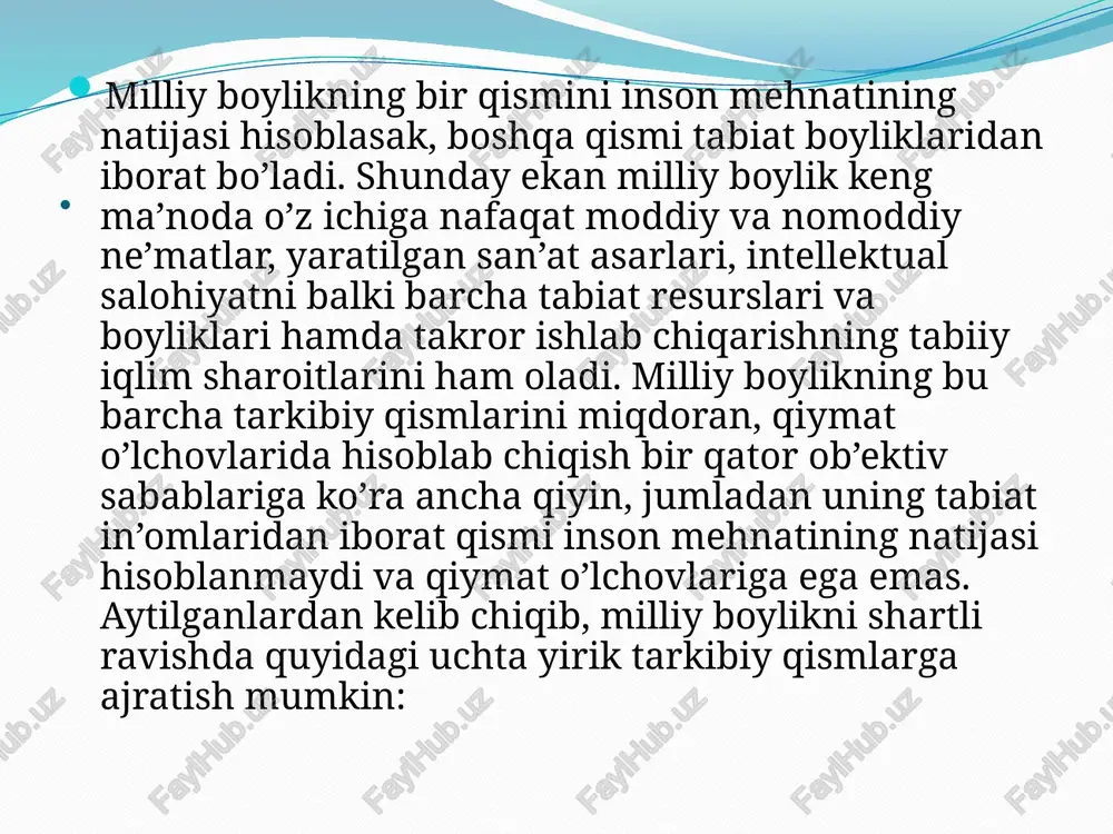 sifatida tasavvur qilish noto’g’ri bo’lar edi. chunki bu yaratilgan mahsulotlarning asosiy qismi har yili ishlab chiqarish va shaxsiy iste’mol hamda boshqa tomonlar uchun foydalaniladi (ishlab chiqarish vositalari, iste’mol buyumlari). milliy boylikning hajmini aniqlash milliy boylik har bir davlatning iqtisodiy kuchini va farovonligini ifodalaydigan asosiy ko‘rsatkichlardan biridir. u turli resurslarning umumiy yig‘indisidan iborat bo‘lib, iqtisodiy rivojlanishni ta’minlashda muhim rol o‘ynaydi. u mmlakatning umumiy boyligini, resurslarini, infratuzilmasini va inson kapitalini ifodalaydi. milliy boylik hajmini aniqlash, iqtisodiy siyosatni shakllantirish va rejalashtirishda muhim ahamiyatga ega. milliy boylikni aniqlashda asosiy iqtisodiy ko‘rsatkichlardan biri bu yalpi ichki mahsulot (yaim)dir. milliy boylik hajmini aniqlashda statistikalar va tadqiqot natijalari muhim ahamiyatga ega. 1. umumiy ko‘rsatkichlar: 2. tabiiy resurslar bo‘yicha statistikalar: 3. inson resurslari: 4. kapital va infratuzilma: 5. xalqaro tadqiqotlar va hisobotlar: iqtisodiy oʻsishni ta'minlashda milliy boylikning ahamiyati. iqtisodiy o’sish natijasda jamiyat boyib boradi, sababi iqtisodiy faoliyat natijasida joriy ehtiyojlarni qondirish bilan cheklanmay, yaratilgan ne’matlarning bir qismini jamg’arish …