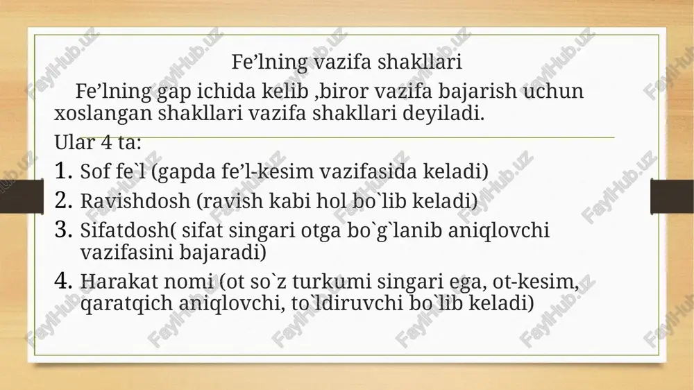 otga bog`lanadi va qanday? qanaqa? so`roqlarini oladi. qo`shimchalari: –gan intilgan inson elga yoqar. –(a)yotgan kelayotgan avtobusga chiqamiz. –(a) adigan bo`ladigan bola boshidan ma’lum. sifatdoshlarda ham fe`l kabi zamon, bo`lishsizlik, nisbat ko`rsatkichlari mavjud: o`qigan, o`qiyotgan, o`qiydigan; o`qigan, o`qimagan; o`qigan, o`qilmagan, o`qitgan. o`timli va o`timsiz fe`llar harakat-holat biror obyektga o`tish-o`tmasligiga ko`ra yoki bajaruvchining o`z ustida bajarilish-bajarilmasligiga ko`ra 2 xil bo`ladi: o`timli fe’llar- harakat boshqa obyektga o`tadi: xonani yaxshilab tozalang. o`timsiz fe`llar –harakat bajaruvchining o`z ustida ro`y beradi: alisher o`ylanib qoldi. o`timli fe’llar ko`pincha tushum kelishigidagi so`zga bog`lanadi: choyni novvot bilan iching. go`dakni issiq kiyintirib yubormang. sochni bodom yog`i bilan massaj qiling. ba`zi fe’llar ham o`timli, ham o`timsiz bo`lib kela oladi: 1. ukam maktabda o`qiydi. aqli bor bola kitob o`qiydi. 2. shoir yangi she`r to`qidi. buvi nabirasiga paypoq to`qidi. bo`lishli va bo`lishsiz fe`llar harakat-holat bajarilish-bajarilmasligiga kora 2 ga bo`linadi: bo`lishli, bo`lishsiz. bo`lishlilik maxsus qo`shimchaga ega emas: mavzu pptsini ertalab tayyorladim. men hamma narsani …