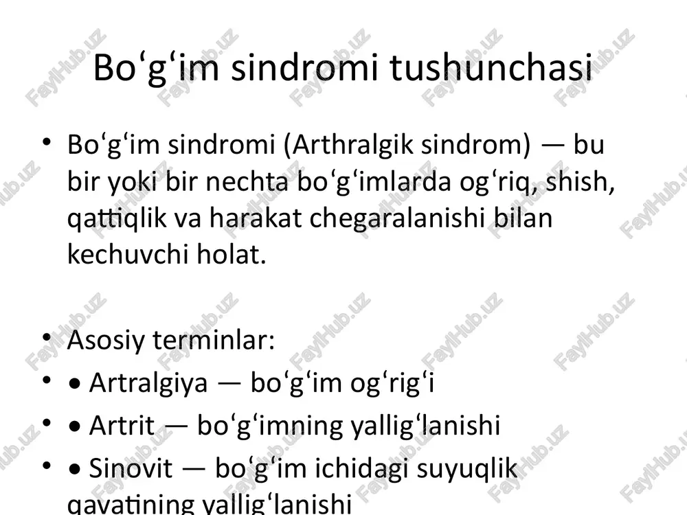 ya infektsion bo‘g‘im sindromi • bakteriyalar (stafilokokk, streptokokk) sababli • odatda bir bo‘g‘imda rivojlanadi • isitma, intoksikatsiya, og‘riqli shish • bo‘g‘im punksiyasi – yiringli suyuqlik • davo: antibiotiklar, drenaj, immobilizatsiya metabolik (podagra) bo‘g‘im sindromi • sababi: urat kristallari bo‘g‘imlarda to‘planadi • odatda bosh barmoq bo‘g‘imi zararlanadi • keskin og‘riq, qizarish, issiqlik • tahlil: qon zardobida urat yuqori • davo: allopurinol, dieta, nsaidlar travmatik bo‘g‘im sindromi • shikastlanish (cho‘zilish, chiqish, sinish) • og‘riq, shish, harakat cheklanishi • rentgen – suyak holatini baholaydi • davo: immobilizatsiya, sovuq muolaja, analgetiklar qiyosiy jadval belgilar — revmatik — infektsion — metabolik — travmatik boshlanishi — sekin — to‘satdan — to‘satdan — to‘satdan bo‘g‘im soni — ko‘p — bitta — bitta — bitta isitma — o‘rtacha — yuqori — yo‘q — ba’zan revmatoid faktor — + — - — - — - davo — immunosupressiv — antibiotik — uratni kamaytiruvchi — immobilizatsiya differensial diagnostika • revmatik …