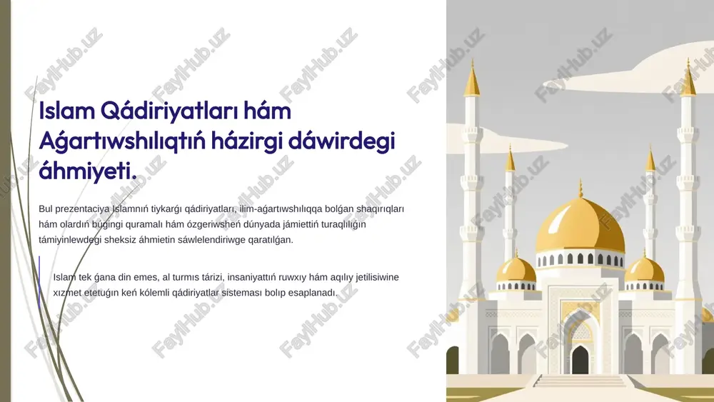 wge bolgan tereń húrmetti sáwlelendiredi. 1 quran shaqırıwı muqaddes quranı kárimniń payǵamberimiz muxammed (s.a.v.) ge túsirilgen birinshi ayatı "iqra!" (oqıy al!) buyrıǵı menen baslanıwı, islamdaǵı bilimlendiriw hám oqıwdıń fundamentallıq ornın belgilep beredi. ilim alıw bul dúnyada da, aqırette de sawap gilti esaplanadı. 2 xádis hám ilim payǵambarimiz muxammed (s.a.v.) óz hádislerinde ilim izlewdi beyishke alıp barıwshı jol dep táriyplegen. "besikten qábirge shekem ilim izle" degen shaqırıqlar islamda úzliksiz bilimlendiriwdiń áhmietin kórsetedi. 3 ilimpazdıń pazıyletleri házireti ali ibn abu talibtiń belgili sózleri: "ilimpazdıń pazıyletleri ápiwayı oraza tutıwshıdan hám kóp namaz oqıwshılardan abzal." sıyaqlı hikmetler islam civilizaciyasında aqıl hám bilimge berilgen joqarı dárejeni tastıyıqlaydı. ilimpazlar payǵambarlardıń miyrasxorları dep esaplanadı. islam civilizaciyası dáwirinde ilim-pán gúllep-jasnagan hám kóplegen oylap tabılıwlarga tiykar bolgan. 4 tasavvuf hám ruwxiy páklik: qálb tárbiyası sufizm, yaki sufizm, islamdaģı ishki, ruwxiy ómirdi sáwlelendiriwshi táliymat bolip, nápsińdi páklew, allaǵa muhabbat hám insanıylıqtı rawajlandırıwga qaratilgan ámeliy jol esaplanadı. qálbti tazalaw sufizmniń tiykarģı …