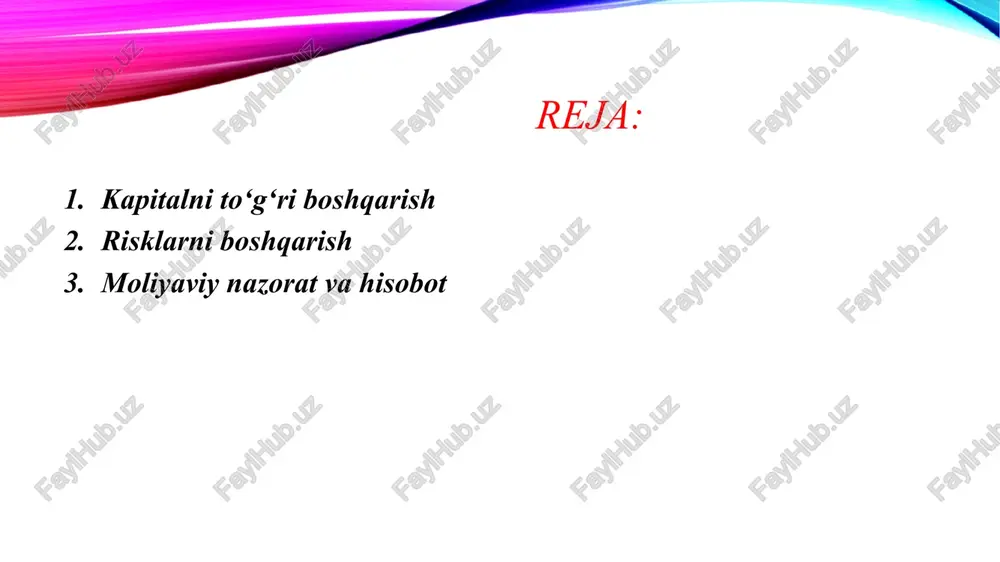 premiumlar va da’volar bo‘yicha pul oqimini muvozanatlash. favqulodda zaxiralar yaratish: kutilmagan to‘lovlar yoki bozordagi o‘zgarishlar uchun tezkor foydalaniladigan fondlar. investitsiyalarni boshqarish diversifikatsiyalangan investitsiya portfeli: sug‘urta mablag‘larini turli moliya vositalariga (aksiyalar, obligatsiyalar, davlat qimmatli qog‘ozlari) joylashtirish orqali riskni kamaytirish. konservativ investitsiya siyosati: o‘zgaruvchan bozorlarda yuqori xavfli aktivlarga haddan tashqari tayanmaslik. daromad va xavf balansini kuzatish: sug‘urta majburiyatlari bilan investitsiya daromadlarini muvozanatlash. diversifikatsiyalangan portfel: kompaniya mablag‘larini turli aktivlarga joylashtirib, risklarni kamaytirish (aksiyalar, obligatsiyalar, davlat qimmatli qog‘ozlari). konservativ investitsiya strategiyasi: yuqori xavfli investitsiyalardan cheklanish va barqaror daromad olish. investitsiya va majburiyatlarni muvozanatlash: sug‘urta polislaridan tushadigan mablag‘lar bilan investitsiya daromadlarini optimallashtirish moliyaviy nazorat va hisobot ichki audit va nazorat: moliyaviy jarayonlar va risklarni muntazam tekshirish. hisobotlarning ochiqligi: mijozlar va regulyatorlarga moliyaviy holat bo‘yicha aniq va shaffof hisobot berish. stress-testlar: turli moliyaviy va iqtisodiy sharoitlarda kompaniya barqarorligini baholash. ichki audit tizimi: moliyaviy jarayonlar, risklar va zaxiralar ustidan muntazam nazorat. ochiq va shaffof hisobotlar: regulyatorlar va …