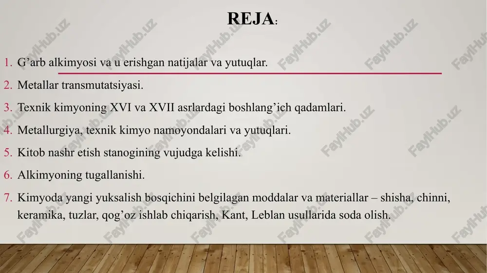 to’ldirib tubiga sham quyilgan kovak cho’pni qizdirib reaksion massada oltin qolganligini ko’rsatganlar. lekin barcha tajribalar ham omadli chiqavermadi, ularni omma oldida oltin suvi yuritilgan dorga osdilar. “arzon oltin” olish imkoniyati iqtisodga kuchli zarba berish mumkin edi. shuning uchun misrni qaram qilgan rim imperatori diokmetian bunday sohada olib boriladigan har qanday ishni o’lim jazosi bilan taqiqladi. mavjud bo’lgan barcha faoliyat to’liq to’xtatildi. shu tariqa mo’jizalarga ishonishga putur yetadi, ya’ni uyg’onish davrining boshlanishidagi yevropaliklar dunyo qarashi o’zgardi. yevropada o’yg’onish 1096- yilda birinchi salb yurishi boshlandi: xristianlar musulmonlardan ular bosib olgan yerlarni qayta zabt qila boshladilar. 1099- yilda xristianlar iyerusalim (quddusi sharif) ni ishg’ol qildilar. deyarli ikki yuz yil davomida suriya bo’ylarida yashagan bir hovuch xristianlar yevropa mamlakatlariga arab fanining yutuq va yangiliklnrini olib kela boshladi­lar. madaniyatning biroz kuchayishi sodir bo’ldi va evropaga qaytgan bir nechta xristianlar, evropaliklarni arab fanlarining yutuqlari bilan tanishtirdi. shu vaqtning o’zida, arablar tomonidan viii arsning boshlarida bosib olingan …