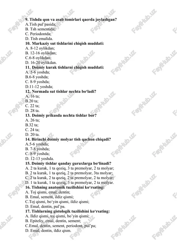 iq, 3 ta premolyar, 2 ta molyar; b. 2 ta kurak, 1 ta qoziq, 2 ta premolyar, 3ta molyar; s. 2 ta kurak, 2 ta qoziq, 2 ta premolyar, 2 ta molyar; d. 1 ta kurak, 1 ta qoziq, 3 ta premolyar, 2 ta molyar. 16. tishning anatomik tuzilishini ko‘rsating: a. toj qismi, emal, dentin; b. emal, sement, ildiz qismi; s.toj qismi, bo‘yin qismi, ildiz qismi; d. emal, dentin, pul’pa. 17. tishlarning gistologik tuzilishini ko‘rsating: a. ildiz qismi, toj qismi, bo’yin qismi; b. epiteliy, emal, dentin, sement; s.emal, dentin, sement, periodont, pul’pa; d. emal, dentin, ildiz qism. 18. emal ximiyaviy tarkibiga ko’ra qanday tuzilgan? a. 95% organik moddalar, 3,8% noorganik modda, 1,2% suv; b. 95% organik moddalar, 1,2% noorganik modda, 3,8% suv; c. 95% noorganik moddalar, 2% organik modda, 3% suv; d.95% noorganik moddalar, 1,2% organik moddalar, 3,8% suv. 19. dentin ximiyaviy tarkibiga ko‘ra qanday tuzilgan? a.70-72% noorganik modda, 28-30% …