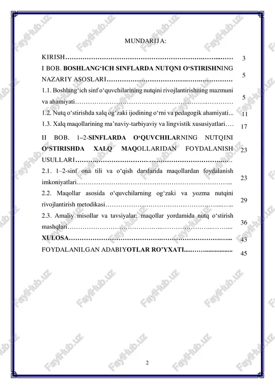 da muhim ahamiyat kasb etadi. chunki bola tili qanchalik boy va ifodali bo‘lsa, uning fikrlash doirasi, atrof-muhitni anglash darajasi ham shunchalik keng bo‘ladi. shu nuqtai nazardan xalq og‘zaki ijodi, xususan, xalq maqollaridan o‘quv jarayonida foydalanish o‘quvchilar nutqini boyitish, so‘z zaxirasini kengaytirish, milliy qadriyatlar ruhida tarbiyalashda katta ahamiyatga ega. maqollar xalq donishmandligining durdona namunasi bo‘lib, ular orqali xalqning ma’naviy tajribasi, hayotiy qarashlari, odob-axloq me’yorlari ifodalanadi. shu sababli, boshlang‘ich sinflarda, ayniqsa 1–2-sinflarda o‘quvchilarning nutqini o‘stirish jarayonida maqollardan foydalanish ularning tilga bo‘lgan qiziqishini oshiradi, fikrni aniq, lo‘nda va mazmunli ifodalashga o‘rgatadi. maqollar orqali o‘quvchilar so‘z ma’nolarini chuqurroq anglaydi, nutqiy faolligi ortadi, mustaqil fikr yuritishga intiladi. kurs ishining dolzarbligi - bugungi kunda o‘zbekiston ta’lim tizimida milliy qadriyatlarga asoslangan, barkamol, mustaqil fikrlaydigan, nutqiy madaniyatga ega shaxsni tarbiyalashga alohida e’tibor qaratilmoqda. boshlang‘ich ta’lim bosqichi esa bu jarayonning poydevorini tashkil etadi. aynan shu davrda o‘quvchilarning og‘zaki va yozma nutqi shakllanadi, so‘z boyligi kengayadi, muloqot madaniyati rivojlanadi. nutqni …