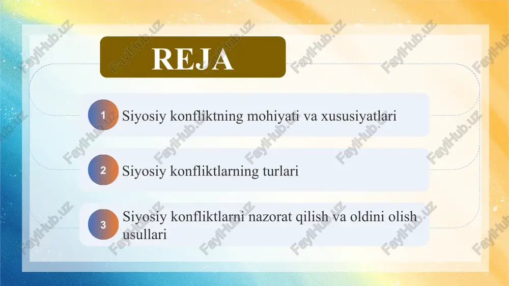 diy nizolar, siyosiy yoki iqtisodiy manfaatlar to‘qnashuvi, shuningdek, global miqyosdagi mojaro sifatida namoyon bo‘lishi mumkin. bu konfliktlar xalqaro munosabatlarni murakkablashtiradi va ba’zan harbiy harakatlarga olib keladi. ichki siyosiy konfliktlar ichki siyosiy konfliktlar davlat ichida yuzaga keladigan nizolardir. ular partiyalararo raqobat, etnik guruhlar o‘rtasidagi qarama-qarshilik, diniy ziddiyatlar yoki ijtimoiy qatlamlar orasidagi adovatlar shaklida namoyon bo‘ladi. bu turdagi konfliktlar ko‘pincha qonuniy tartib va jamiyat barqarorligiga ta’sir qiladi. 3. shiddat darajasi bo‘yicha siyosiy konfliktlar siyosiy konfliktlar shiddat darajasiga ko‘ra turlicha bo‘ladi. sust konfliktlar faqat munozara yoki tortishuv shaklida kechadi, o‘rta darajadagi konfliktlar ijtimoiy tartibsizliklarga olib keladi. keskin konfliktlar esa ommaviy namoyishlar va to‘qnashuvlarga sabab bo‘ladi, eng yuqori darajadagi konfliktlar esa harbiy harakatlar va urushlarga olib kelishi mumkin. title ichki va xorijiy siyosiy konfliktlar jamiyat barqarorligiga turlicha ta’sir qiladi. siyosiy konfliktlarni tahlil qilish orqali jamiyatdagi muammolarni aniqlash va ularga yechim topish mumkin. ularni boshqarish va oldini olish strategiyalari mavjud bo‘lib, ular barqarorlikni ta’minlashga xizmat …