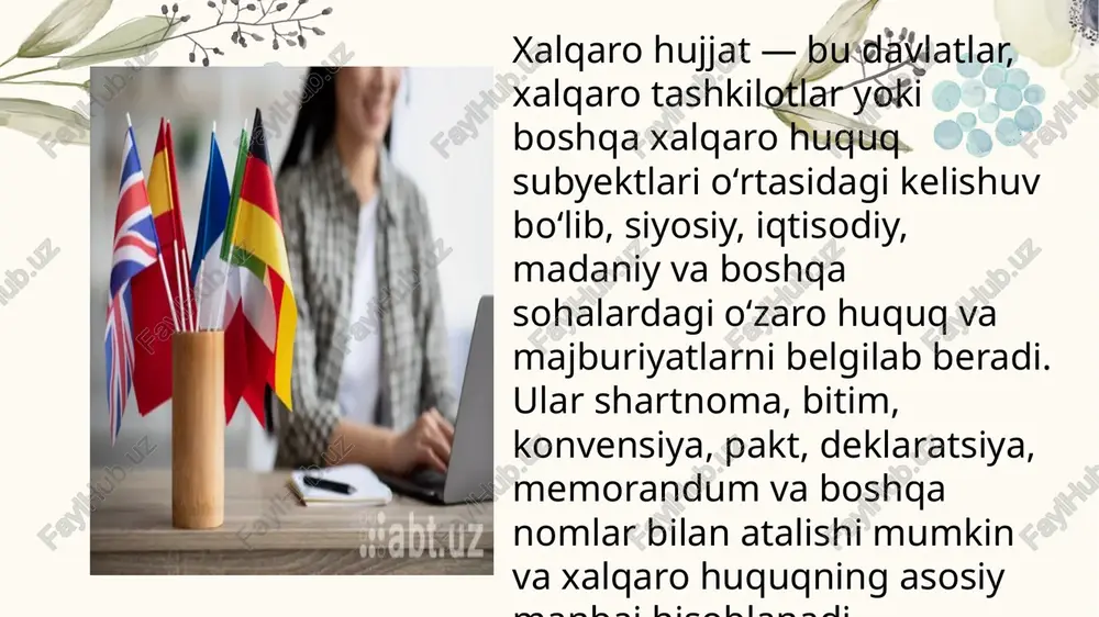 voqealar yoki prinsiplar haqidagi eʼlon qilingan bayonoti. pochta deklaratsiyasi: chet elga pochta orqali yuboriladigan pul va qimmatbaho paketlar bilan birga taqdim etiladigan hujjat. 0.2% 21% 89k 19k memorandum (lotincha: memorandum — esda tutmoqlik) — 1) diplomatik hujjat; biror davlatning diplomatik yoʻl bilan muhokama qilinishi lozim boʻlgan masalalar yuzasidan o'z nuqtai nazarini bayon qilib yozgan nomasi. odatda, notaga ilova qilinadi yoki boshqa mamlakat vakiliga shaxsan topshiriladi; 2) savdo tizimida hisobkitob, qarzdorlik bilan bogʻliq boʻlgan xat; 3) biron masala boʻyicha bildirishnoma, xizmat maʼlumotnomasi protokollar shartnomalarni to‘ldiruvchi yoki aniqlashtiruvchi hujjatlar. ba'zida yangi qoidalarni qo‘shadi. misol: kioto protokoli — iqlim o‘zgarishi bo‘yicha qo‘shimcha hujjat. xalqaro tashkilotlar qarorlari masalan, bmt bosh assambleyasi yoki xavfsizlik kengashi tomonidan qabul qilingan rezolyutsiyalar. o 🇺🇿 o‘zbekiston ishtirokidagi asosiy xalqaro hujjatlar va ular turlari: 1. konvensiyalar (convention) o‘zbekiston ko‘plab xalqaro konvensiyalarga qo‘shilgan. bu hujjatlar yuridik jihatdan majburiy hisoblanadi. konvensiya — (lotincha: conventio — shartnoma, bitim) — xalqaro shartnoma, bitim, kelishuv …