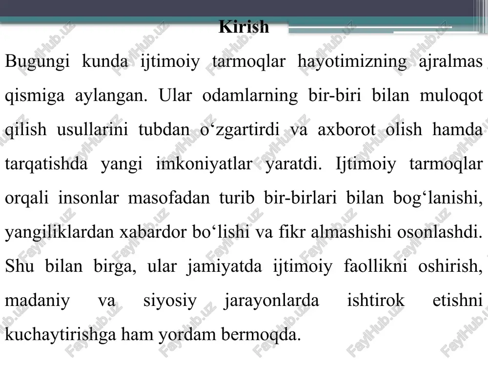 stlar uchun katta imkoniyatdir kommunikatsiya va ijtimoiy aloqalarni mustahkamlash tez va oson muloqot — ijtimoiy tarmoqlar yordamida odamlar tez va qulay muloqot qiladi. yangi do‘stliklar o‘rnatish — umumiy qiziqishlar orqali yangi do‘stlar topish imkoniyati. ijtimoiy guruhlar tashkil etish — jamiyatda guruhlar va hamjamiyatlar paydo bo‘lishi. masofaviy aloqalarni saqlash — uzoqdagi yaqinlar bilan bog‘lanishni davom ettirish. ijtimoiy tarmoqlarning kundalik hayotimizdagi ahamiyati bugungi kunda ijtimoiy tarmoqlar har bir insonning kundalik hayotida muhim o‘rin egallaydi. ular orqali biz yangiliklar bilan tanishamiz, do‘stlarimiz bilan muloqot qilamiz, ish yoki o‘qish bilan bog‘liq vazifalarni bajarishimiz mumkin. shuningdek, ko‘plab odamlar ijtimoiy tarmoqlar orqali mahsulotlar sotib olishadi, xizmatlardan foydalanishadi yoki o‘z biznesini yuritishadi ijtimoiy tarmoqlarning kundalik hayotimizdagi ahamiyati axborot olish va yangiliklardan xabardor bo‘lish ijtimoiy tarmoqlar orqali foydalanuvchilar tezkor yangiliklar, mahalliy va global voqealar haqida ma’lumot olishadi. muloqot va aloqada bo‘lish do‘stlar, oila a’zolari va hamkasblar bilan doimiy aloqa saqlash imkoniyati mavjud. chat, videoqo‘ng‘iroq va izohlar orqali muloqot …