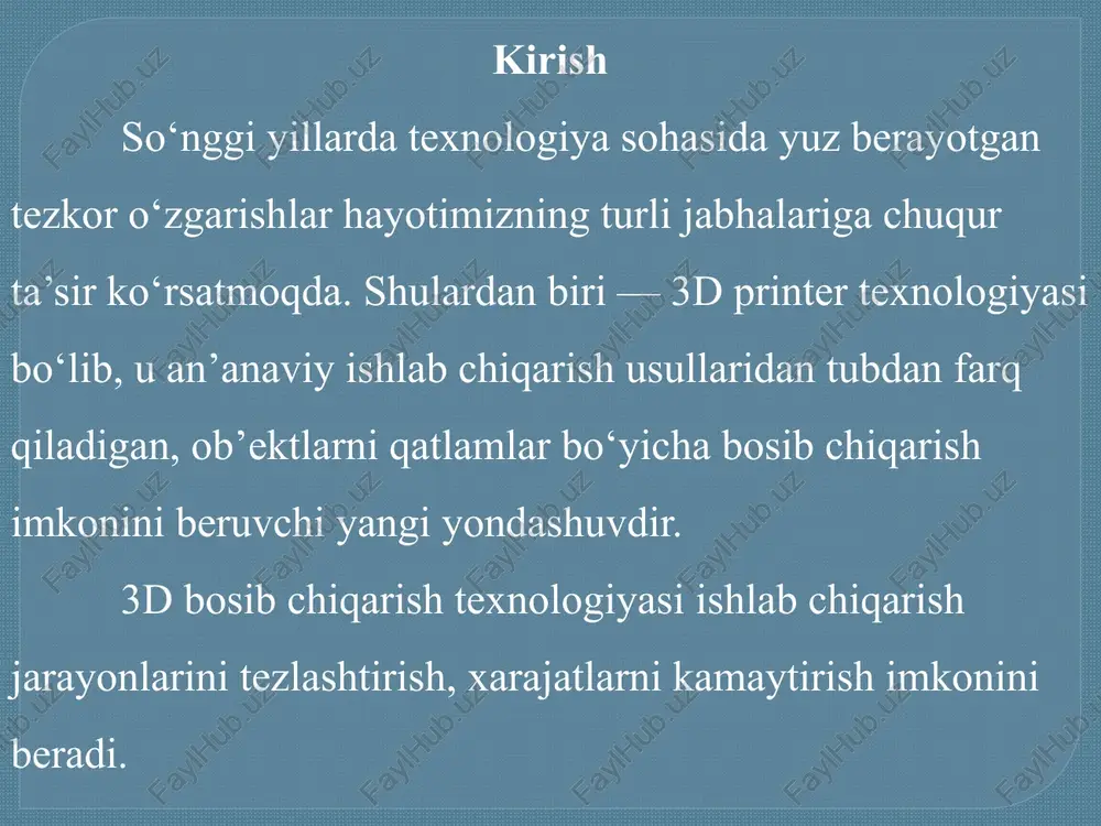 a uskunalar uchun noyob yoki kam uchraydigan zaxira qismlarni ishlab chiqarishda qo‘llaniladi. maxsus vositalar: ishlab chiqarish jarayonini optimallashtirish uchun maxsus uskunalar va asboblar tayyorlash. 3d printer texnologiyasining afzalliklari quyidagilar tezlik va samaradorlik prototipni tez yaratish: yangi dizaynlarni sinovdan o‘tkazish uchun qisqa vaqt ichida prototip tayyorlash imkoniyati. ishlab chiqarishni tezlashtirish: an'anaviy usullarga qaraganda ishlab chiqarish jarayoni qisqaroq. moslashuvchanlik va murakkablik murakkab shakllarni yaratish imkoniyatini beradi. kamroq chiqindilar materialni samarali ishlatish: an'anaviy kesish yoki qirqish usullariga nisbatan kamroq material isrof bo‘ladi. atrof-muhitga kamroq zarar: keraksiz chiqindilarni kamaytirish orqali ekologik tozalikka hissa qo‘shadi. 4. xarajatlarni kamaytirish zaxira qismlar ishlab chiqarish: zaxira qismlar uchun katta omborxonalar zarur emas, zarur bo‘lganda ishlab chiqarish mumkin. xulosa 3d printer texnologiyasi zamonaviy ishlab chiqarish jarayonlarini tubdan o‘zgartirgan innovatsion yondashuv hisoblanadi. ushbu texnologiya yordamida murakkab shakldagi buyumlar qisqa vaqt ichida, aniq va samarali tarzda tayyorlanadi, bu esa ishlab chiqarish xarajatlarini kamaytirish va mahsulot sifatini oshirishga imkon beradi. tibbiyot, sanoat, …