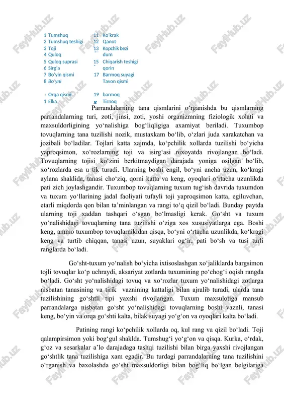 di. go‘sht-tuxum yo‘nalish bo‘yicha ixtisoslashgan xo‘jaliklarda bargsimon tojli tovuqlar ko‘p uchraydi, aksariyat zotlarda tuxumining po‘chog‘i oqish rangda bo‘ladi. go‘sht yo‘nalishidagi tovuq va xo‘rozlar tuxum yo‘nalishidagi zotlarga nisbatan tanasining va tirik vaznining kattaligi bilan ajralib turadi, ularda tana tuzilishining go‘shtli tipi yaxshi rivojlangan. tuxum maxsulotiga mansub parrandalarga nisbatan go‘sht yo‘nalishidagi tovuqlarning boshi vaznli, tanasi keng, bo‘yin va orqa go‘shti kalta, bilak suyagi yo‘g‘on va oyoqlari kalta bo‘ladi. patining rangi ko‘pchilik xollarda oq, kul rang va qizil bo‘ladi. toji qalampirsimon yoki bog‘gul shaklda. tumshug‘i yo‘g‘on va qisqa. kurka, o‘rdak, g‘oz va sesarkalar a’lo darajadaga tashqi tuzilishi bilan birga yaxshi rivojlangan go‘shtlik tana tuzilishiga xam egadir. bu turdagi parrandalarning tana tuzilishini o‘rganish va baxolashda go‘sht maxsuldorligi bilan bog‘liq bo‘lgan belgilariga axamiyat berishi kerak. bu belgilarga ularning tirik vazni, ko‘krak go‘sht to‘qimalari, to‘sh suyagi cho‘qqisi va orqa go‘shtining kengligi, oyoqdagi go‘sht to‘qimalarining rivojlanganligi kiradi. parrandalarning pati murakkab tuzilishiga ega bo‘lib, turli vazifalarni bajaradi. qoplovchi …