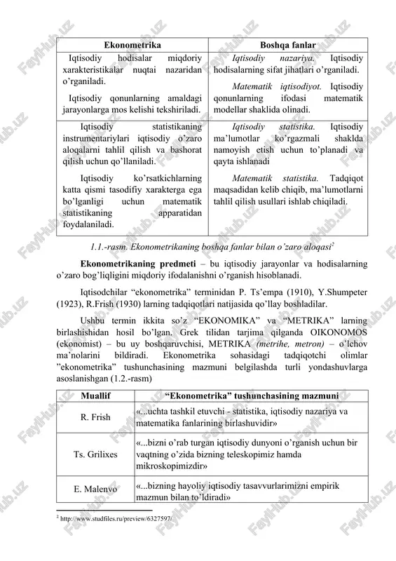 bo’ladi.[footnoteref:1] [1: gujarati d.n. basic econometrics. mcgraw-hill, 4th edition, 2003 (gu),inc.p. 7] ekonometrikaning boshqa fanlar bilan o’zaro aloqasi quyidagilarda namoyon bo’ladi (1.1.-rasm). ekonometrika boshqa fanlar iqtisodiy hodisalar miqdoriy xarakteristikalar nuqtai nazaridan o’rganiladi. iqtisodiy qonunlarning amaldagi jarayonlarga mos kelishi tekshiriladi. iqtisodiy nazariya. iqtisodiy hodisalarning sifat jihatlari o’rganiladi. matematik iqtisodiyot. iqtisodiy qonunlarning ifodasi matematik modellar shaklida olinadi. iqtisodiy statistikaning instrumentariylari iqtisodiy o’zaro aloqalarni tahlil qilish va bashorat qilish uchun qo’llaniladi. iqtisodiy ko’rsatkichlarning katta qismi tasodifiy xarakterga ega bo’lganligi uchun matematik statistikaning apparatidan foydalaniladi. iqtisodiy statistika. iqtisodiy ma’lumotlar ko’rgazmali shaklda namoyish etish uchun to’planadi va qayta ishlanadi matematik statistika. tadqiqot maqsadidan kelib chiqib, ma’lumotlarni tahlil qilish usullari ishlab chiqiladi. 1.1.-rasm. ekonometrikaning boshqa fanlar bilan o’zaro aloqasi[footnoteref:2] [2: http://www.studfiles.ru/preview/6327597/] ekonometrikaning predmeti – bu iqtisodiy jarayonlar va hodisalarning o’zaro bog’liqligini miqdoriy ifodalanishni o’rganish hisoblanadi. iqtisodchilar “ekonometrika” terminidan p. ts’empa (1910), y.shumpeter (1923), r.frish (1930) larning tadqiqotlari natijasida qo’llay boshladilar. ushbu termin ikkita so’z “ekonomika” va …