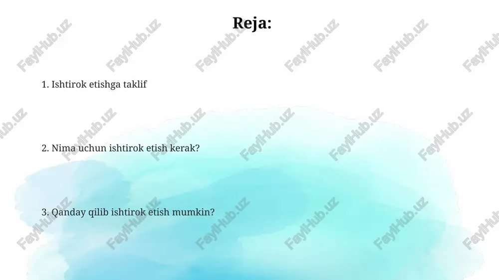 lgan intensiv o'quv dasturlarida 20 dan ortiq soha ekspertlaridan bepul bilim olish imkoniyatini beradi. ishtirok etish sizning shaxsiy brendingizni kuchaytiradi, chunki siz 500 dan ortiq potentsial mijozlar va hamkorlar oldida o'z mahsulotlaringizni namoyish qila olasiz. biz nima taklif qilamiz? bizning dasturiy ta'minot yechimimiz uchun 20% chegirma va 12 oylik bepul qo'llab-quvvatlashni taqdim etamiz, bu esa integratsiya va o'qitish xarajatlarini kamaytiradi. biz strategik sheriklik taklif qilamiz, bunda 50/50 daromad taqsimoti, texnologiya almashinuvi va umumiy marketing kampaniyalarini o'z ichiga olgan 3 yillik shartnoma tuzamiz. biznesingizni kengaytirish uchun 100 ming aqsh dollari miqdoridagi investitsiya taklif qilamiz, buning evaziga kompaniyaning 15% ulushini olamiz hamda boshqaruvda ishtirok etamiz. sizning hissangiz qanday bo'ladi? sizning fikr-mulohazalaringiz loyihaning 15% qismini takomillashtirishga yordam beradi, bu esa yakuniy natijaning sifati va samaradorligini sezilarli darajada oshiradi. sizning tajribangiz va mahoratingiz loyihani 25% ga tezlashtirishi mumkin, bu esa resurslardan samarali foydalanish va natijalarga erishish uchun muhim ahamiyatga ega. faol ishtirok etish orqali …