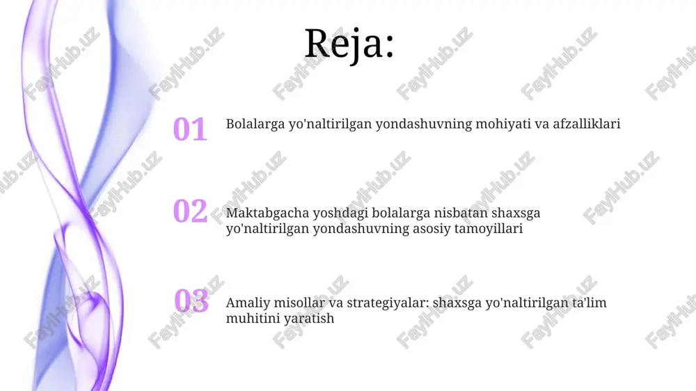 iy-emotsional ko'nikmalarni shakllantirishda yordam beradi, nizolarni hal qilishda vositachilik qiladi va do'stona munosabatlarni o'rnatishga ko'maklashadi. o'qituvchi bolaning qiziqishlarini aniqlaydi, 7-10 kunga mo'ljallangan loyihalarda ishtirok etishga undaydi, tadqiqot qobiliyatlarini rivojlantiradi va mustaqillikni qo'llab-quvvatlaydi. ota-onalarning ishtiroki: hamkorlik va tushunish ota-onalar bolaning shaxsiy ehtiyojlarini tushunish orqali ta'lim jarayoniga faol qo'shilishlari kerak, bunda har bir bolaning noyobligini 100% hisobga olish zarur. ota-onalar va tarbiyachilar o'rtasida 50/50 hamkorlik aloqalari o'rnatilishi, bolaning rivojlanishi bo'yicha muntazam fikr almashishni ta'minlashi lozim. amaliy misollar: kundalik hayotda shaxsga yo'naltirilgan yondashuv bolaga 1-tanlovni taqdim eting: masalan, "siz qizil yoki ko'k ko'ylakni kiyishni xohlaysizmi?" bu mustaqillik va qaror qabul qilishni rivojlantiradi. o'yin davomida 2-ko'rsatma berishdan ko'ra, bolaning qiziqishini kuzating. 3-savollar orqali ularni yo'naltiring, ijodkorlik va o'z-o'zini kashf qilishni rag'batlantiring. shaxsga yo'naltirilgan yondashuvning afzalliklari va natijalari ushbu yondashuv bolalarning o‘ziga bo‘lgan ishonchini 70% ga oshiradi, ularning qiziqishlari va ehtiyojlariga moslashtirilgan ta’limiy muhit yaratadi, bu esa o‘quv jarayonini samaraliroq qiladi. shaxsga yoʻnaltirilgan yondashuv orqali …