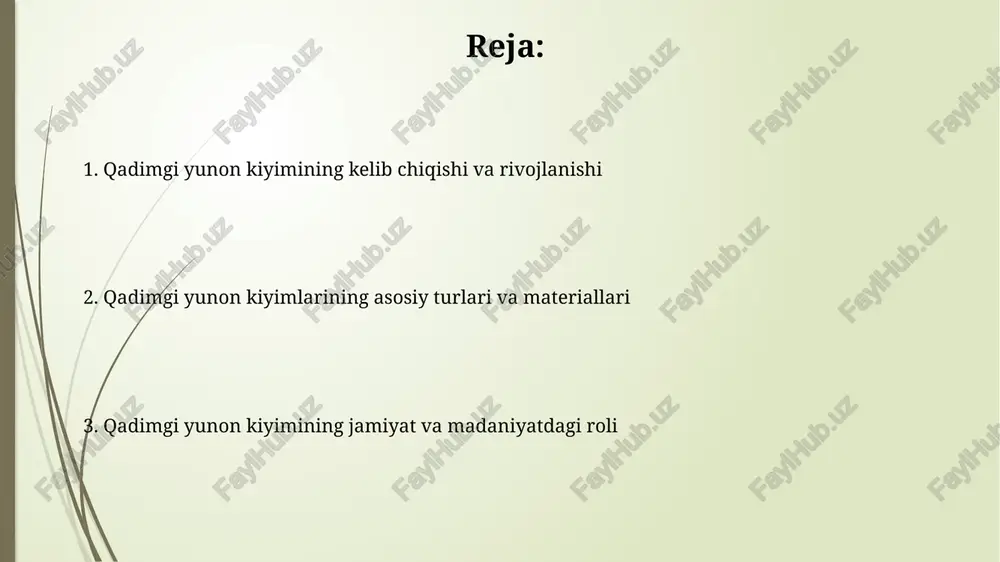 lanib, uning qimmatligi sababli faqat elita vakillari kiygan. yunon naqshlaridan eng mashhuri - bu meandr boʻlib, doimiy oqimni anglatadi. u koʻpincha tunika etaklarida va plashlar chetlarida ishlatilgan. aksessuarlar: zargarlik buyumlari, soch turmagi va boshqalar qadimgi yunon zargarlik buyumlari ko'pincha oltin, kumush va bronzadan yasalgan bo'lib, marjon, sirg'a va bilaguzuklar kabi shakllarda uchragan, ularning dizaynida esa geometrik naqshlar mavjud edi. yunon soch turmagi vaqt va ijtimoiy maqomga qarab farqlangan; aristokrat ayollar murakkab o'ralgan soch turmagini afzal ko'rishgan, erkaklar esa odatda sochini qisqa qilib kesishgan. qadimgi yunon kiyimi merosi va ta'siri qadimgi yunon liboslari rim imperiyasiga katta ta'sir ko'rsatdi; rimliklar taxminan miloddan avvalgi 200-yildan boshlab yunon uslublarini o'zlashtirdilar, togalar kabi elementlar yunon xitonidan kelib chiqqan. yunon haykaltaroshligi libosning ideal ko'rinishini aks ettiradi. drakriyasi qoyasidagi haykallar kabi 5-asrda yaratilgan haykallar libosning nafisligi va tana bilan uyg'unligini namoyish etadi. e'tiboringiz uchun rahmat image1.jpg image2.jpg image3.jpg image4.jpg image5.jpg image6.jpg image7.jpg