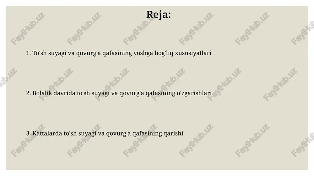 hadi, 40 yoshdan keyin esa qisqaroq va kengroq bo'ladi, bu uning suyak zichligi bilan bog'liq. kattalarda to'sh suyagining uzunligi o'rtacha 15-20 sm, kengligi esa 8-12 sm ni tashkil etadi, yillar davomida osteoporoz tufayli bu o'lchamlar qisqarishi mumkin. yoshga bog'liq sternum o'zgarishlari: suyak iligi yosh o'tishi bilan sternumda qizil suyak iligi yog'li ilik bilan almashinadi, bu gemopoezning kamayishiga olib keladi, odatda 60 yoshdan keyin sezilarli bo'ladi. sternum suyak iligida yoshga bog'liq o'zgarishlar qon yaratish hujayralari sonining kamayishiga olib keladi, bu esa gematopoetik rezervni pasaytiradi. yoshga bog'liq qovurg'a o'zgarishlari: suyak zichligi yosh bilan osteoblastlar faolligi pasayishi natijasida qovurg'alarning suyak zichligi kamayadi, bu esa 30 yoshdan keyin sezilarli bo'ladi. densitometriya (dxa) yordamida qovurg'alardagi suyak zichligini o'lchash, osteoporozning erta belgilarini aniqlashga yordam beradi, ayniqsa 65 yoshdan oshgan ayollarda. yoshga bog'liq qovurg'a o'zgarishlari: xaftaga ta'siri yoshga bog'liq o'zgarishlar qovurg'a xaftasining kalsifikatsiyasiga olib keladi, bu esa ko'krak qafasining egiluvchanligini pasaytiradi. bu jarayon 30 yoshdan keyin tezlashadi …