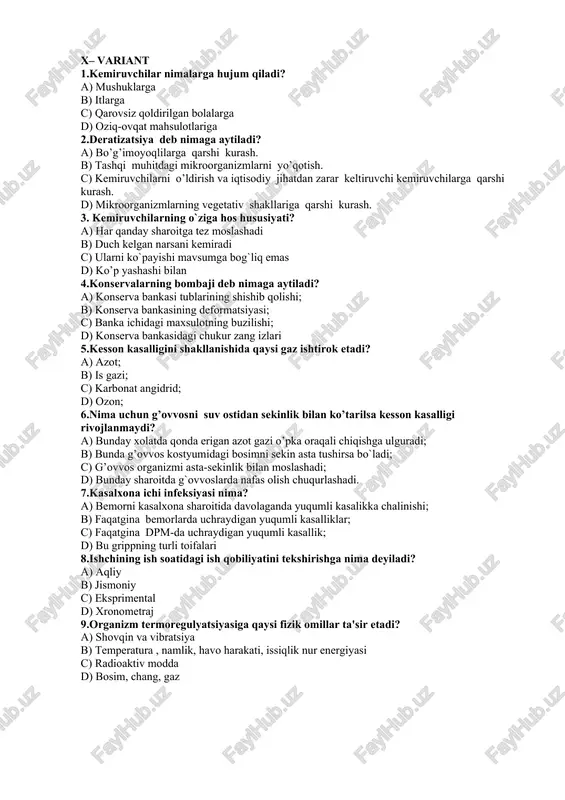 iy b) jismoniy c) eksprimental d) xronometraj 9.organizm termoregulyatsiyasiga qaysi fizik omillar ta'sir etadi? a) shovqin va vibratsiya b) temperatura , namlik, havo harakati, issiqlik nur energiyasi c) radioaktiv modda d) bosim, chang, gaz 10. mehnat jarayonida pulsning tezlashishi qanday ataladi? a) taxikardiya b) bradikardiya c) stenokardiya d) taxipnoe 11.toliqishning belgilari va oqibatlari? a) jaxldorlik b) uyqusizlik c) kayfiyat buzilishi, nevroz d) hamma javoblar to'g'ri 12. issilik sexlarida ishlovchilarda 1soatda qancha kkal issiqlik ajraladi? a) 20 kkal b) 40 kkal c) 35 kkal d) 60 kkal 13. charchash – bu: a) dinamik stereotipni buzilishi b) ish bajarishda ish qobiliyatining vaqtinchalik to‘xtashi c) organ va sistemalardagi funksional o‘zgarishlar d) mns da innersion tormozlanish 14. chidamlilik ko‘rsatkichi: a) ma’lum bir kuch bilan bajarilayotgan ishga ketgan vaqt b) ma’lum bir ish vaqtida yukning og‘irligini ko‘tarishi c) stress holatlarida organizmning himoyalash qobiliyati d) noqulay ish sharoitida ishlash vaqti 15.statik ish turiga kiradi: a) yukni …