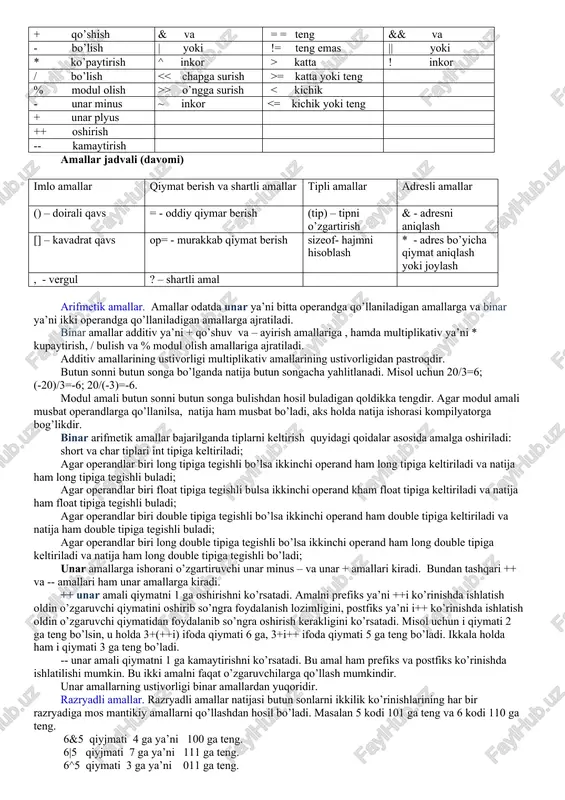 fiy bulsa ikki variant mavjuddir: arifmetik siljitishda bushatilayotgan razryadlar ishora razryadi qiymati bilan to’ldiriladi, mantiqiy siljitishda bushatilayotgan razryadlar nullar bilan tuldiriladi. razryadli surish amallarining ustivorligi o’zaro teng, razryadli inkor amalidan past, qolgan razryadli amallardan yuqoridir. razryadli inkor amali unar qolgan amallar binar amallarga kiradi. nisbat amallari. nisbat amallari qiymatlari 1 ga teng agar nisbat bajarilsa va aksincha 0 ga tengdir. nisbat amallari arifmetik tipdagi operandlarga yoki ko’rsatkichlarga qo’llaniladi. misollar: 1!=0 qiymati 1 ga teng; 1==0 qiymati 0 ga teng; 3>=3 qiymati 1 ga teng; 3>3 qiymati 0 ga teng; 2 , kichik =, kichik eki teng <= amallarining ustivorligi bir hildir. teng == va teng emas != amallarining ustivorligi uzaro teng va qolgan amallardan pastdir.