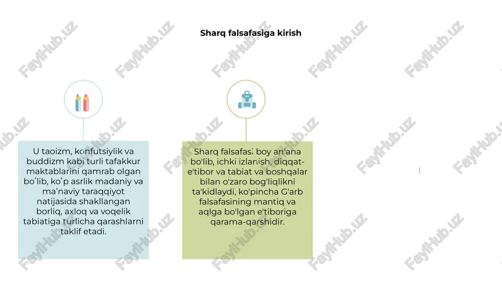 rq va g‘arb falsafiy tafakkurining qiyosiy tahlili o‘xshash va farqli tomonlarini ko‘rsatadi. sharq falsafasi introspektsiya va ruhiy evolyutsiyaga urg‘u beradi, g‘arb falsafasi esa ratsionallik va individualizmga e’tibor beradi. 1 2 sharq falsafiy tushunchalarining evolyutsiyasi sharq falsafasi qadimgi xitoy va hindistondan kelib chiqqan holda ming yillarga borib taqaladigan boy tarixga ega. uyg‘unlik, muvozanat va o‘zaro bog‘liqlik tushunchalari sharq falsafiy tafakkurida markaziy o‘rin tutadi. vaqt o‘tishi bilan sharq falsafasi rivojlanib, xilma-xil bo‘lib, konfutsiylik, daosizm, zen-buddizm kabi ta’limotlar paydo bo‘ldi. bu turli maktablar hayot, axloq va voqelikning tabiati haqida o'ziga xos nuqtai nazarni taklif qiladi. e'tiboringiz uchun rahmat