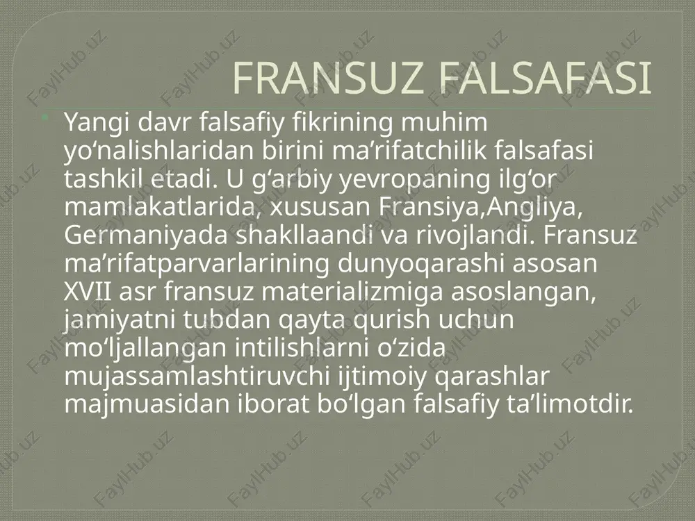 volter 1694-yili 21-noyabrda parijda notarius oilasida dunyoga kelgan. u mashhur adib, publisist, faylasuf, diniy mutaassiblikka qarshi keskin kurash olib borgan mutafakkirdir. volter fransuz ma’rifatchiligining asoschilaridan biri. volterning asosiy asarlari “falsafiy maktublar”, “metafizika to‘g‘risidagi traktat”, nyuton falsafasining asoslari”, “johil faylasuf” fransua volter falsafasi volter didro asos solgan va boshqargan ensiklopediya faol ishtirok etgan. bir necha yosh ma’rifatparvarlar bilan muloqotda bo‘lgan. volterning ijtimoiy-siyosiy g‘oyalari feodal krepostnoy tuzumiga qarshi qaratilgan. u fransuz burjua demokratik g‘oyalar tarafdori edi. uning ijtimoiy-siyosiy qarashlari, bir tomondan xalq g‘oyasini yoyishga, zolimlarga qarshi kurashga qaratilgan bo‘lib, ma’rifatli mutloqlikka umid bog‘lagan edi. chunki ma’rifatli mutloqlik xviii asr birinchi yarmida fransiyada ilg‘or kuch hisoblangan. volter sireda yashagan chog‘ida umumfalsafiy qarashlari shakllangan bo‘lib, uning asosida ko‘tarinkilik kurtaklari yotardi. fransuz ma’rifatparvarlari fransuz ma’rifatparvarlarining ijtimoiy-siyosiy, falsafiy qarashlari xix, xx asrda dunyoviy taraqqiyot yo‘lini tanlagan qator mamlakatlar uchun dasturilamal bo‘lib xizmat qildi. fransuz ma’rifatparvarlarining o‘lmas ta’limoti dunyoning gmanizm va dunyoviy taraqqiyot yo‘lidan borib, demokratik tuzumning …