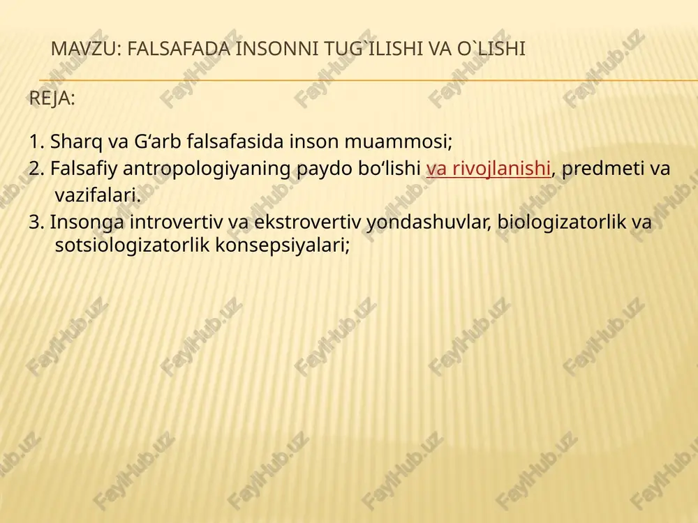 ardagi bilim yutuqlarini o‘zida mujassamlashtirgan kompleks yondashuvni taqozo etadi. homo sapiens evolyusiyasi to‘g‘risida so‘z yuritganda oddiy biologik yoki ijtimoiy mezonlarga emas, balki biologik-ijtimoiy mezonlarga suyanish lozim. insonning biologik va ijtimoiy tabiati haqidagi falsafiy asarlarda jins, jinsiy munosabatlar, erkak va ayol o‘rtasidagi farq, avlodlar o‘rtasidagi munosabatlar muammolari, o‘lim muammosi deyarli yoritilmagan. vaholanki, insonning real hayoti – tug‘ilish va o‘lish biologik sanalari bilan «kvantlangan». r.karpinskaya ta’biri bilan aytganda, mazkur chegaralarda hayot kontinual11 va avlodlar o‘rtasidagi munosabatlarga ham, jinslar o‘rtasidagi munosabatlarga ham bog‘liq bo‘lgan o‘zgarishlarga to‘la. hozirgi zamon falsafasi va fani insonni o‘rganishda uning yaxlit ijtimoiy-biologik mavjudot sifatidagi talqinidan kelib chiqadi. psixolog a.leontev inson faoliyatini «hayot birligi» deb nomlagan. «individ» tushunchasi «shaxs» tushunchasi uchun asos sifatida amal qiladi, deb hisoblanadi. inson va uning qobiliyati muammosi shuning uchun ham alohida o‘rin egallaydiki, tabiiy ilmiy bilimning bu muammoni o‘rganish imkoniyatlari ancha cheklangandir. falsafiy va ijtimoiy bilim ham insonni mukammal bilishni da’vo qila olmaydi. demak, bunda …