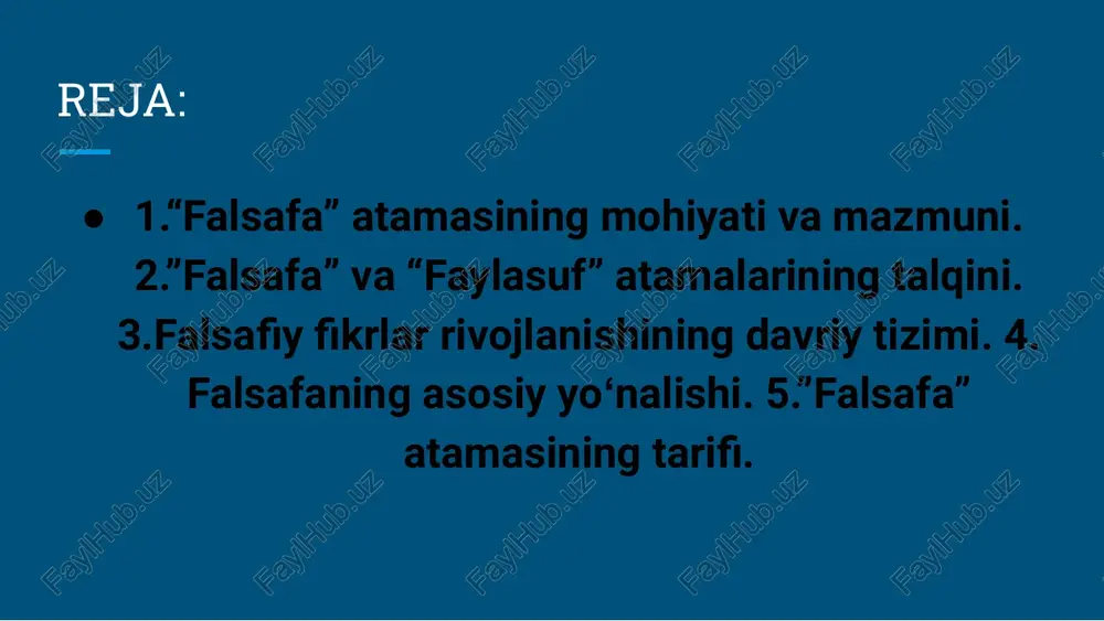 safadir» deb ta' kidlagan. lev tolstoy: «donishmand kishilar uch xislatga ega. ular avvalo, boshgalarga bergan maslahatlariga o'zlari amal qiladilar; ikkinchidan, hech qachon haqiqatga garshi bormaydilar; uchinchidan atrofidagi kishilarning nugsonlariga sabr-toqat bilan chidaydilar» deb ta' kidlaganlar. tavsiya etiladigan asosiy adabiyotlar: • 1.falsafa. q.nazarov. - toshkent, o'zbekiston faylasuflar milliy jamiyati nashriyoti, 2021. • 2.xaitov sh. murosa va o'zbekiston falsafasi tarixiga kirish. t.: «falsafa va huqug instituti», 2010.-432 b. • 3. falsafa gomusiy lug'at. - t.:sharg, 2004 (2020 yil qayta nashrdan chiqgan) • 4. falsafa tarixi va nazariyasi. b. toshboyev, 3. m irkomilova -j.: j dpi. 2009. tavsiya etiladigan saytlar ro yxati https://bilim.natlib.uz https://ziyouz.uz/ilm-va-fa n/falsafa https://uz.wikipedia.org/w iki/falsafa