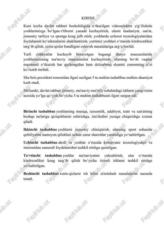 joriy yilda sirdaryo hamda namangan viloyatlariga qilgan amaliy tashrifi davomida mazkur hududlardagi tuman va shahar kutubxonalariga bir necha yuz ming nusxada badiiy adabiyotlar yetkazib berildi. “ma'rifat karvoni” tashkil etildi. yoshlar uchun 25 ming dona kitob, 80 turdagi sport jihozlari va musiqa asboblari yetkazib berildi. mazkur 5 tashabbus keng jamoatchilik tomonidan katta qiziqish bilan kutib olindi. endilikda ushbu tajribani yurtimizning barcha hududlarida keng joriy qilish masalalari muhokama qilindi. madaniyat vazirligi va xalq ta'limi vazirligiga hokimliklar bilan birgalikda tuman va shaharlarda madaniyat markazlari va umumta'lim maktablarida yoshlarning qiziqishidan kelib chiqib, qo‘shimcha 1,5 mingta to‘garak tashkil etish vazifasi qo‘yildi. tashabbuskor iste'dodli yoshlar va mahalliy homiylarni jalb etgan holda, madaniyat markazlarida badiiy-havaskorlik jamoalari, yoshlar teatr-studiyalari va “yoshlar klublari” tashkil qilish zarurligi ta'kidlandi. taniqli san'atkor va iste'dodli ijodkorlarni tumanlardagi madaniy ishlarga ko‘makchi sifatida biriktirish yaxshi natija berayotganini inobatga olib, bu tajribani butun mamlakatga yoyish bo‘yicha ko‘rsatmalar berildi. unga muvofiq, taniqli artistlar tuman va shaharlarga ijodiy …